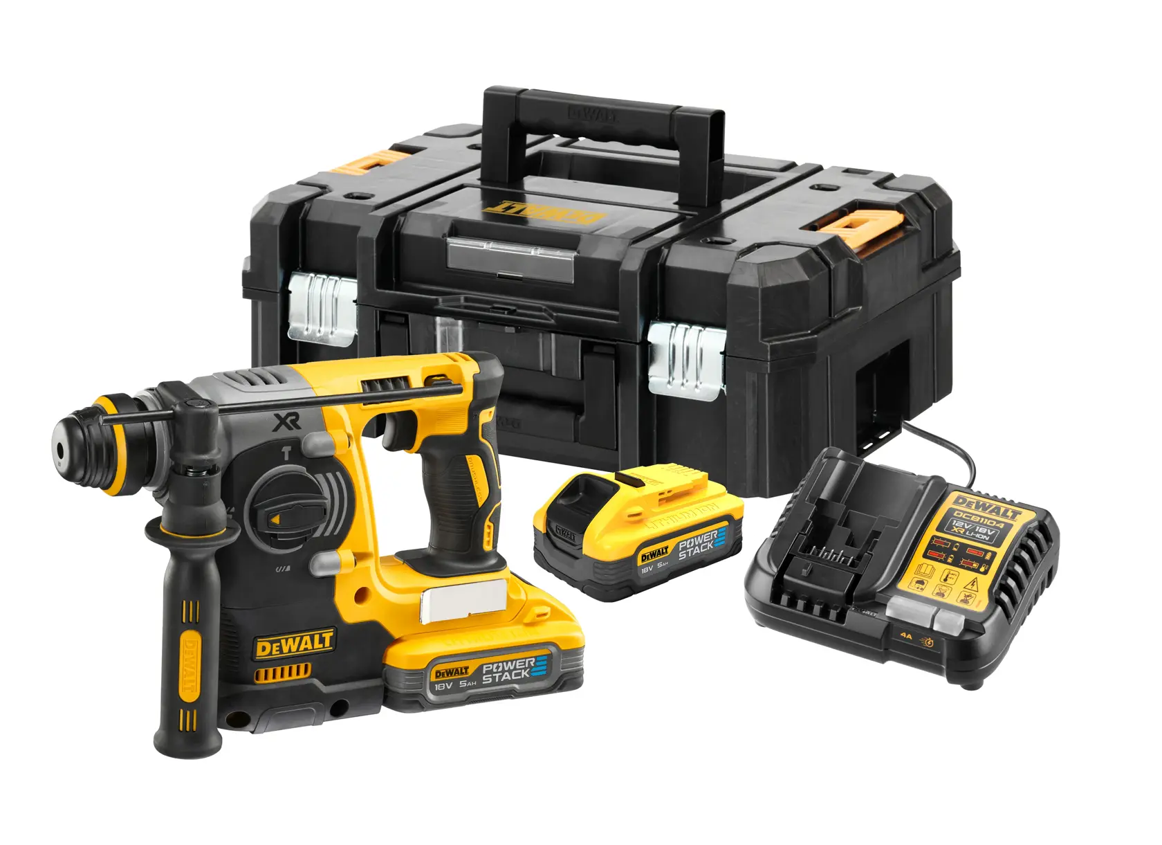 DEWALT Akku-Bohrhammer-Set mit einem gelb-schwarzen Bohrhammer, zwei Akkus, einem Ladegerät und einem robusten schwarzen Transportkoffer.