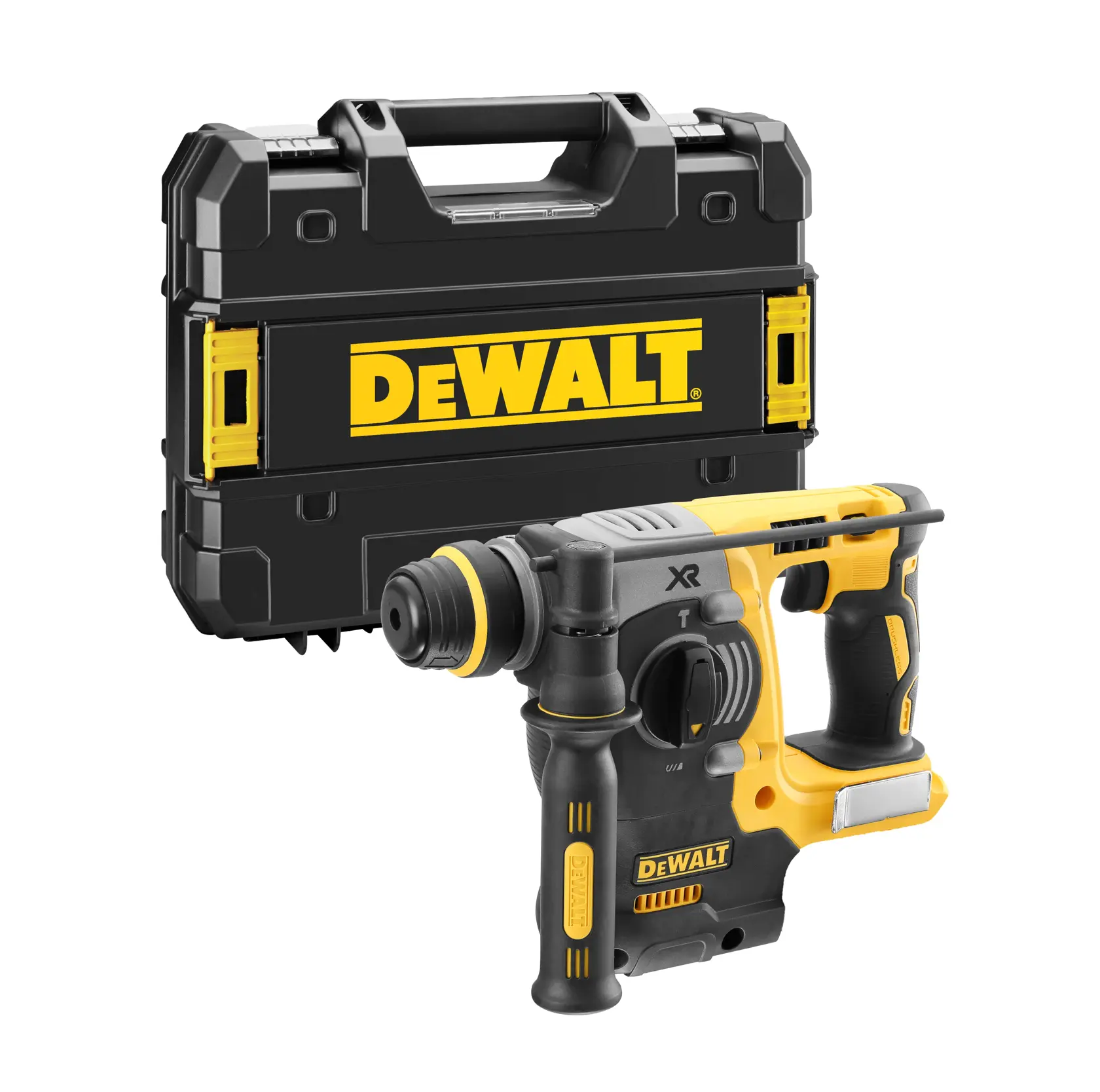 Ein kabelloser DEWALT-Bohrhammer mit einem schwarz-gelben Transportkoffer im Hintergrund.