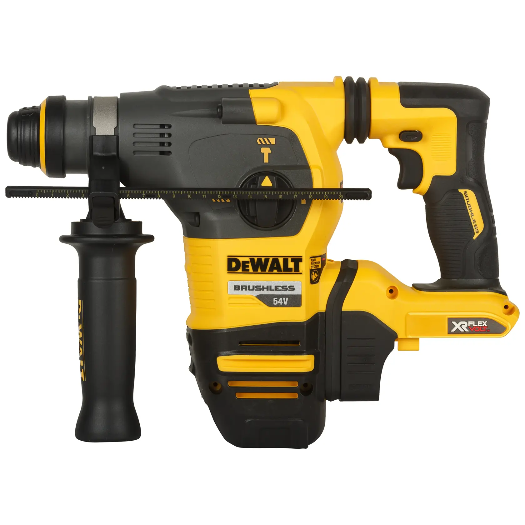 DEWALT DCH333NT 54V gelb-schwarzer Akkubohrhammer mit Seitengriff und XR FLEXVOLT Kennzeichnung.