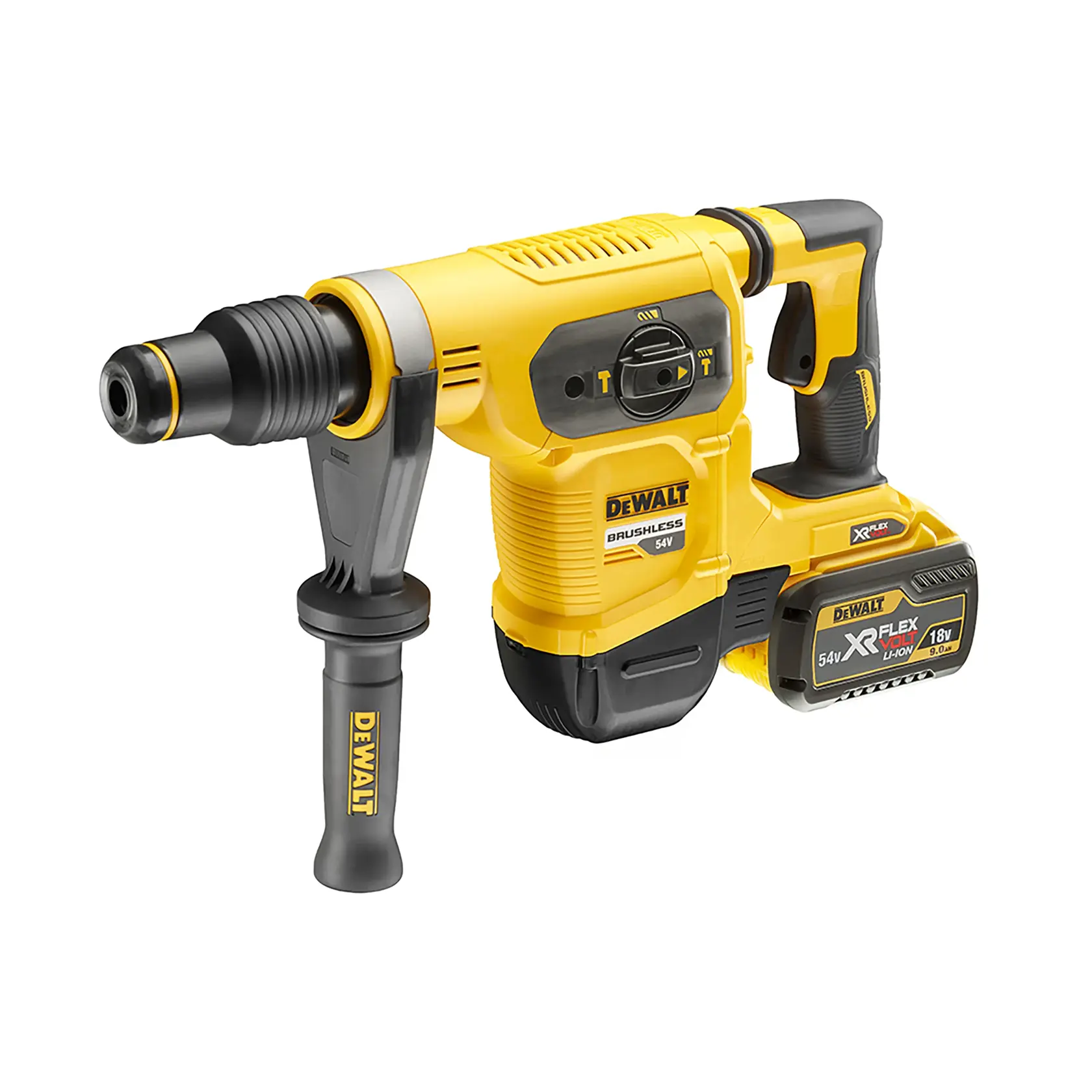 Kabelloser gelber DEWALT-Bohrhammer mit Seitengriff und XR Flexvolt-Akku, Modell DCH481X2.