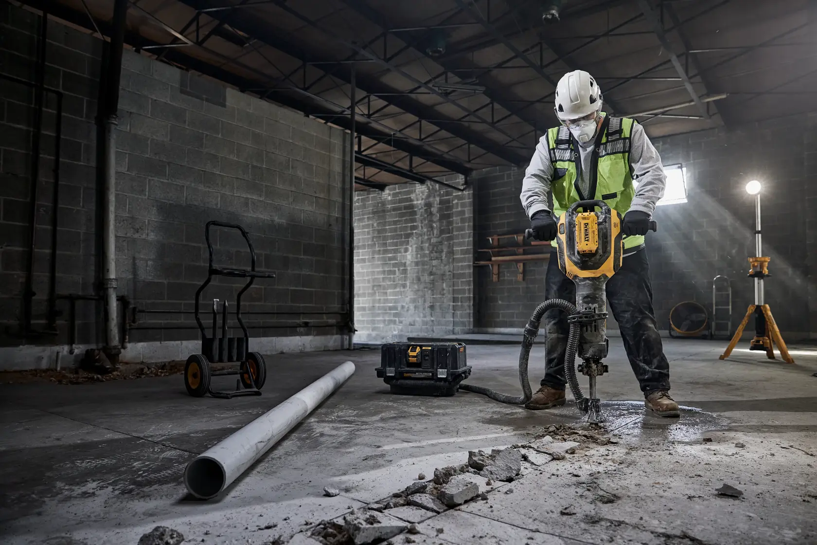 Worker uses DEWALT DCH966Z2, DCH966Z2-XE drill on concrete floor in industrial site. Photography product category.