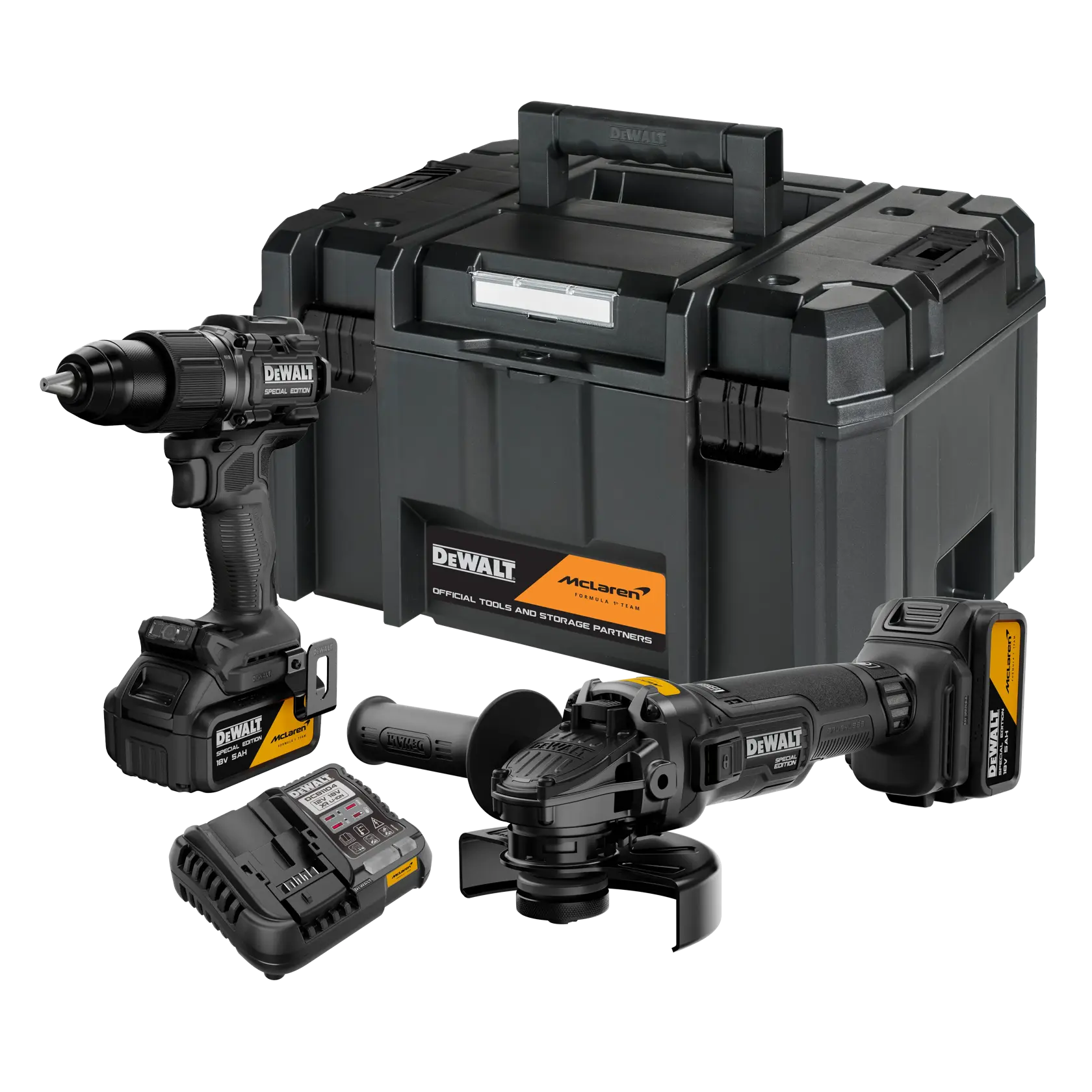 DEWALT Bohrer Special Edition, Fotografie, SKUs DCK2223MP2T-QW, DCK2223MP2T, schwarzer Griff, 125 Zeichen.