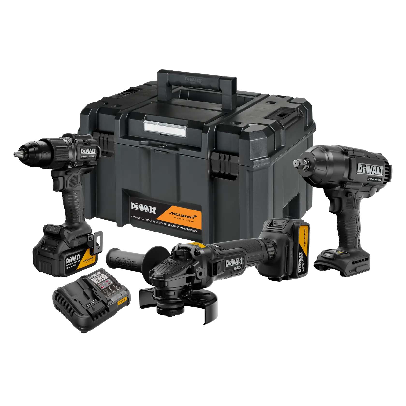DEWALT Bohrmaschine Special Edition, DCK3222MP2T-QW, DCK3222MP2T; schwarzes Akku-Werkzeug links abgebildet.