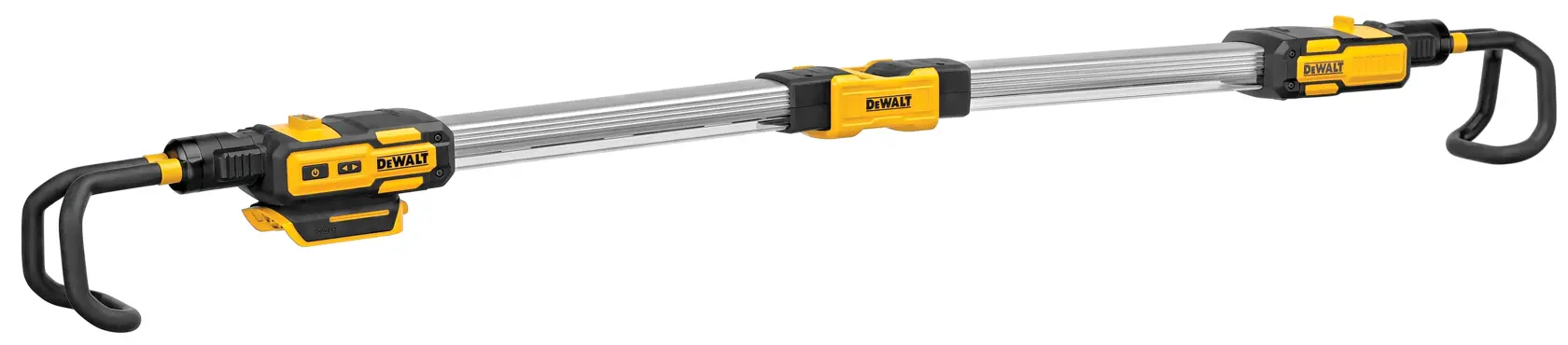 DEWALT DCL045 Arbeitsleuchte mit gelb-schwarzem Gehäuse und ausziehbaren Aluminiumarmen.