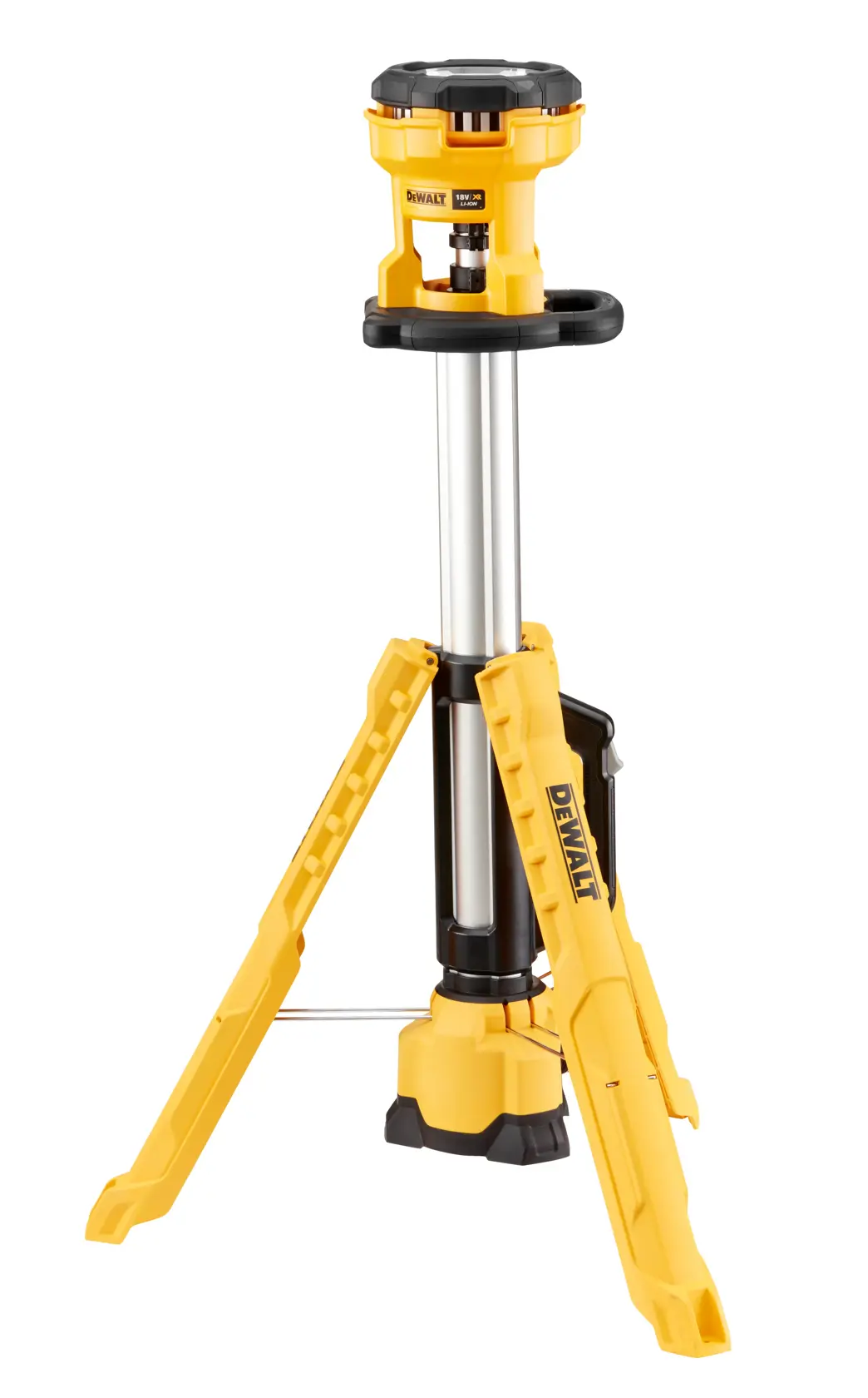 DEWALT DCL079 gelbe Baustellenleuchte auf Stativ mit verstellbarer Höhe und drei Beinen.