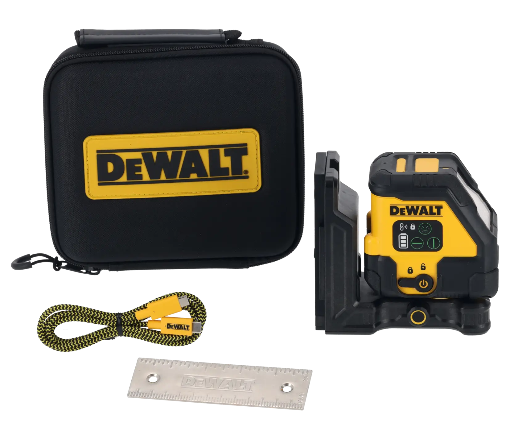 DEWALT Laser-Set mit Tasche, Kabel, Lineal und gelb-schwarzem Gerät für genaue Ausrichtungsarbeiten.