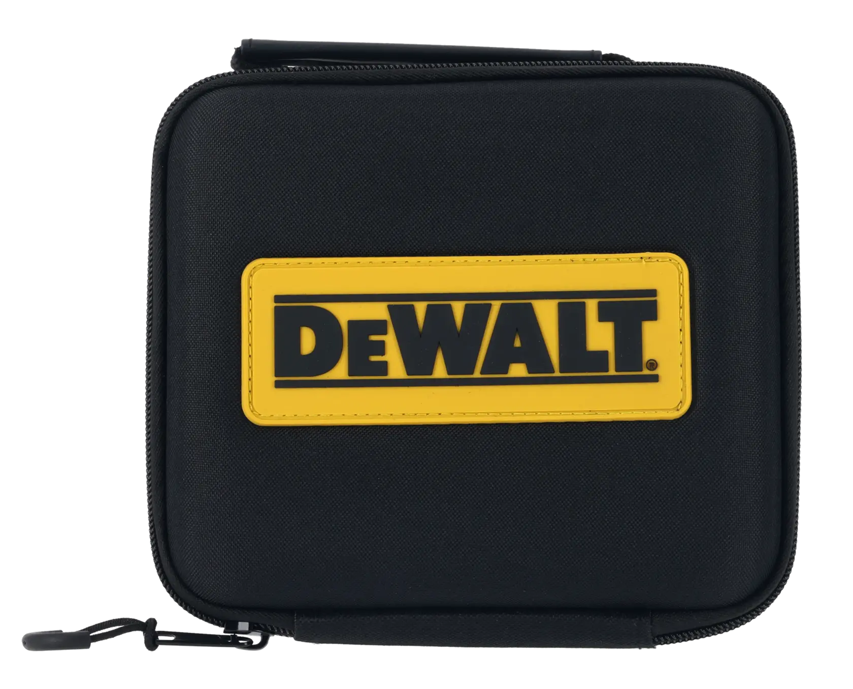 DEWALT-Laser-Wasserwaagen-Set mit einem schwarz-gelben Lasergerät, einer stabilen Tragetasche mit Griff und DEWALT-Logo, einem gelben USB-C-Ladekabel und einem Metalllineal.