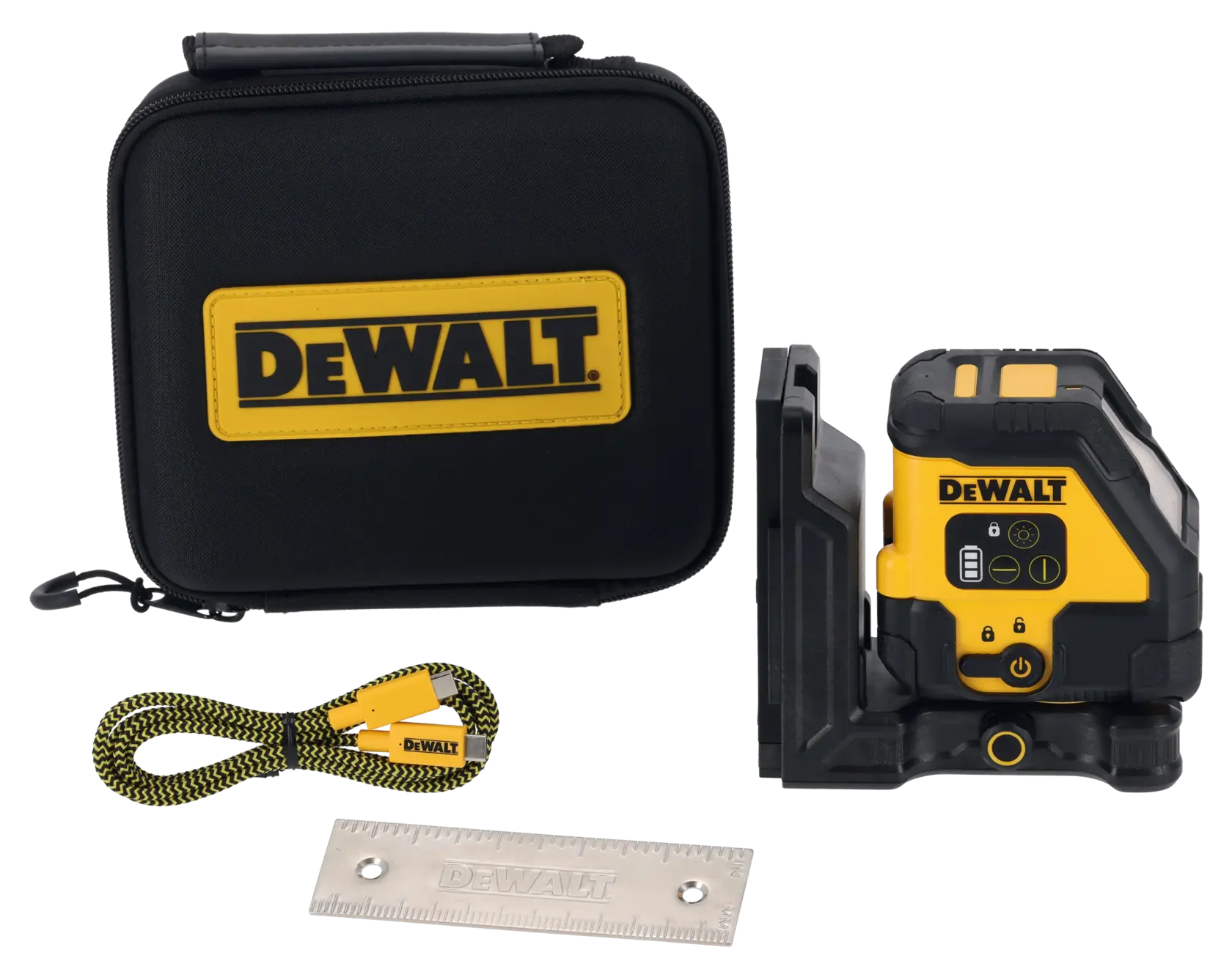 DEWALT-Laser-Wasserwaagen-Set mit einem schwarz-gelben Lasergerät, einer stabilen Tragetasche mit Griff und DEWALT-Logo, einem gelben USB-C-Ladekabel und einem Metalllineal.