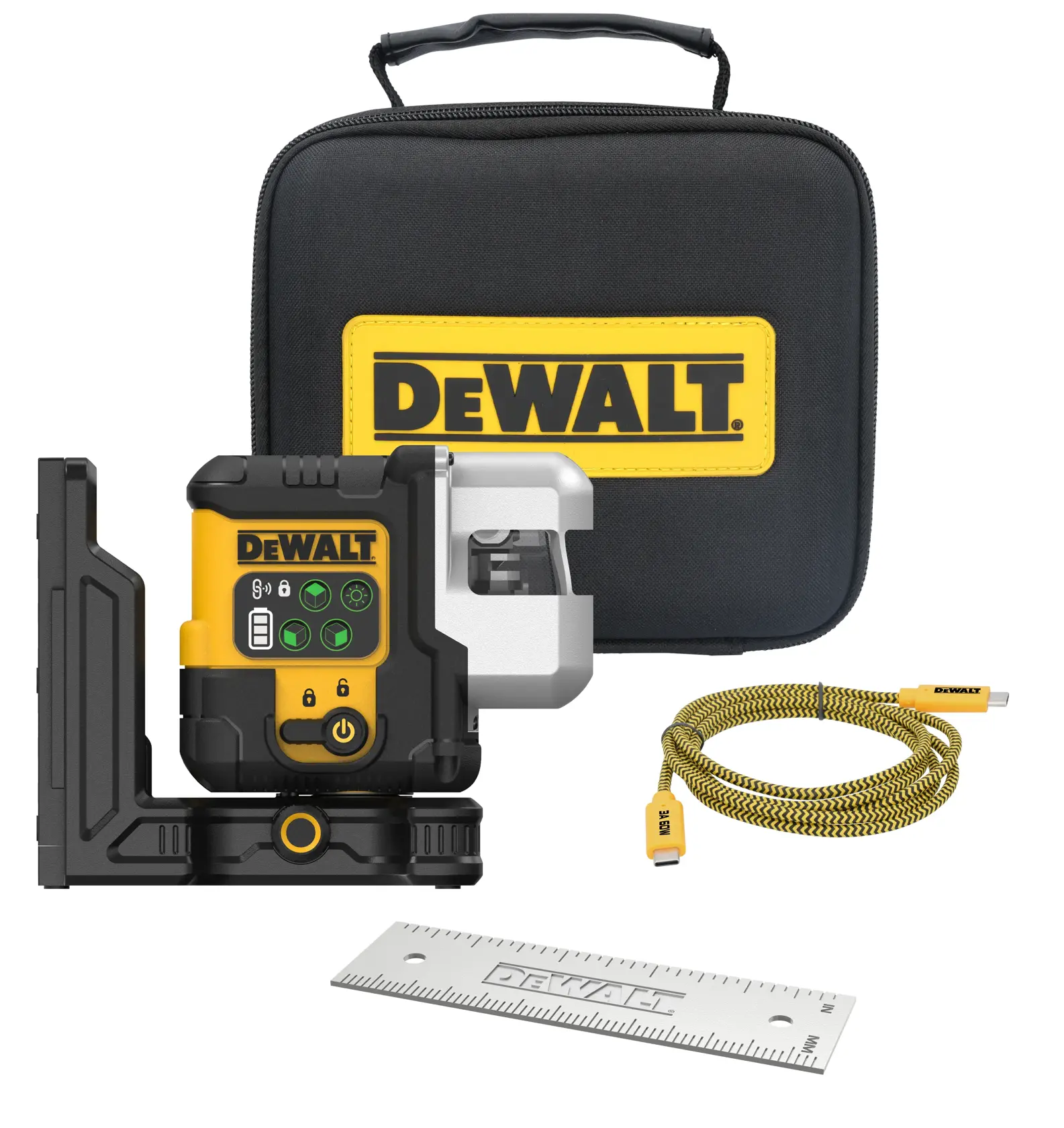 DEWALT® Kompakter Multilinienlaser 3x180° mit integriertem Li-Ionen-Akku und USB-C Anschluss, grüne Laserlinie