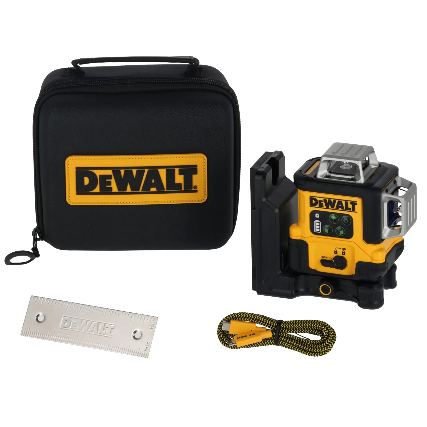 Un ensemble de produits de photographie DEWALT comprenant une mallette de transport noire et jaune avec le logo DEWALT, un niveau laser jaune et noir, une règle en métal et un câble de chargement USB jaune et noir.