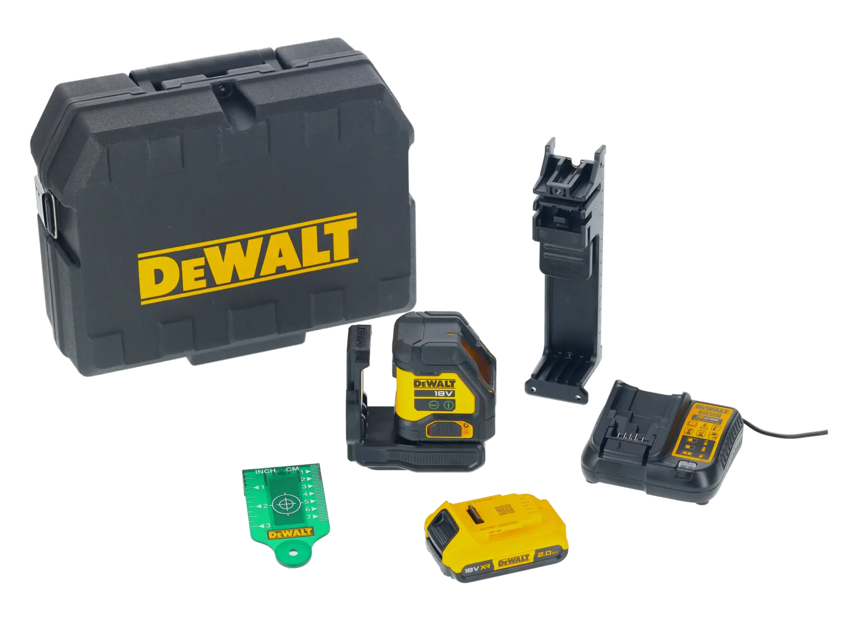 DEWALT-Laser-Nivelliergerät-Set einschließlich eines schwarzen Hartschalenkoffers mit gelbem DEWALT-Logo, eines gelb-schwarzen Lasergeräts, einer Montagehalterung, einer grünen Zielplatte, eines wiederaufladbaren Akkus und eines Akku-Ladegeräts.
