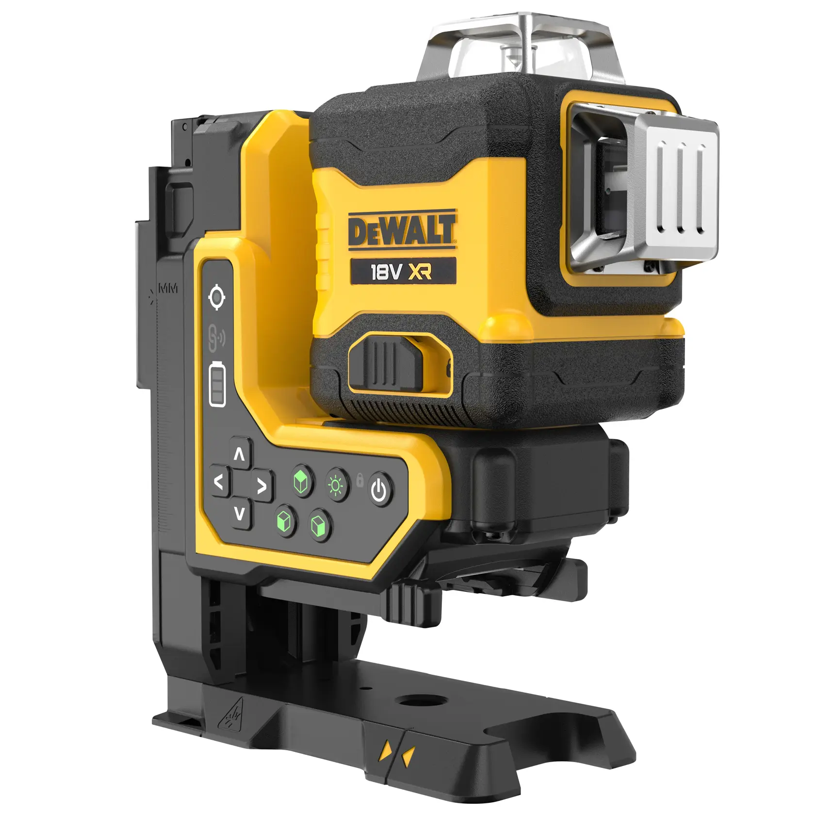 Ein DEWALT 20V XR Laser-Nivelliergerät mit gelb-schwarzem Design, Steuerknöpfen und einem stabilen Sockel für präzise Messungen in Fotografie und Bauwesen.