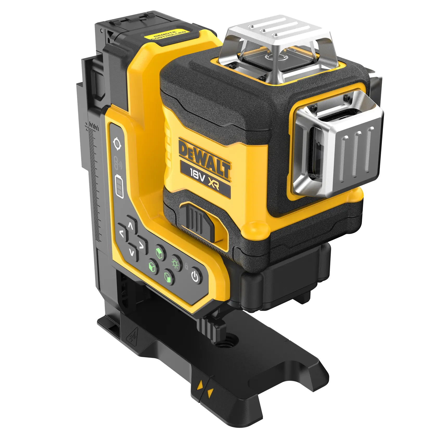 Ein DEWALT 20V XR Laser-Nivelliergerät mit gelb-schwarzem Design, Steuerknöpfen und einem stabilen Sockel für präzise Messungen in Fotografie und Bauwesen.