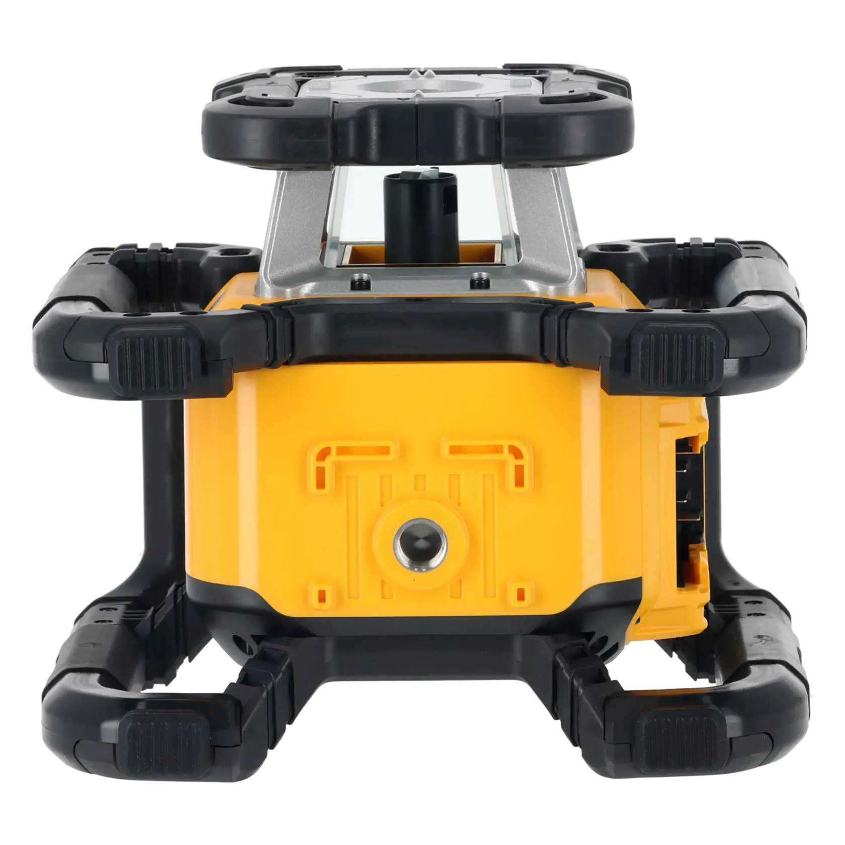 DEWALT gelb-schwarzer Rotationslaser mit Schutzgehäuse, von vorne gezeigt.
