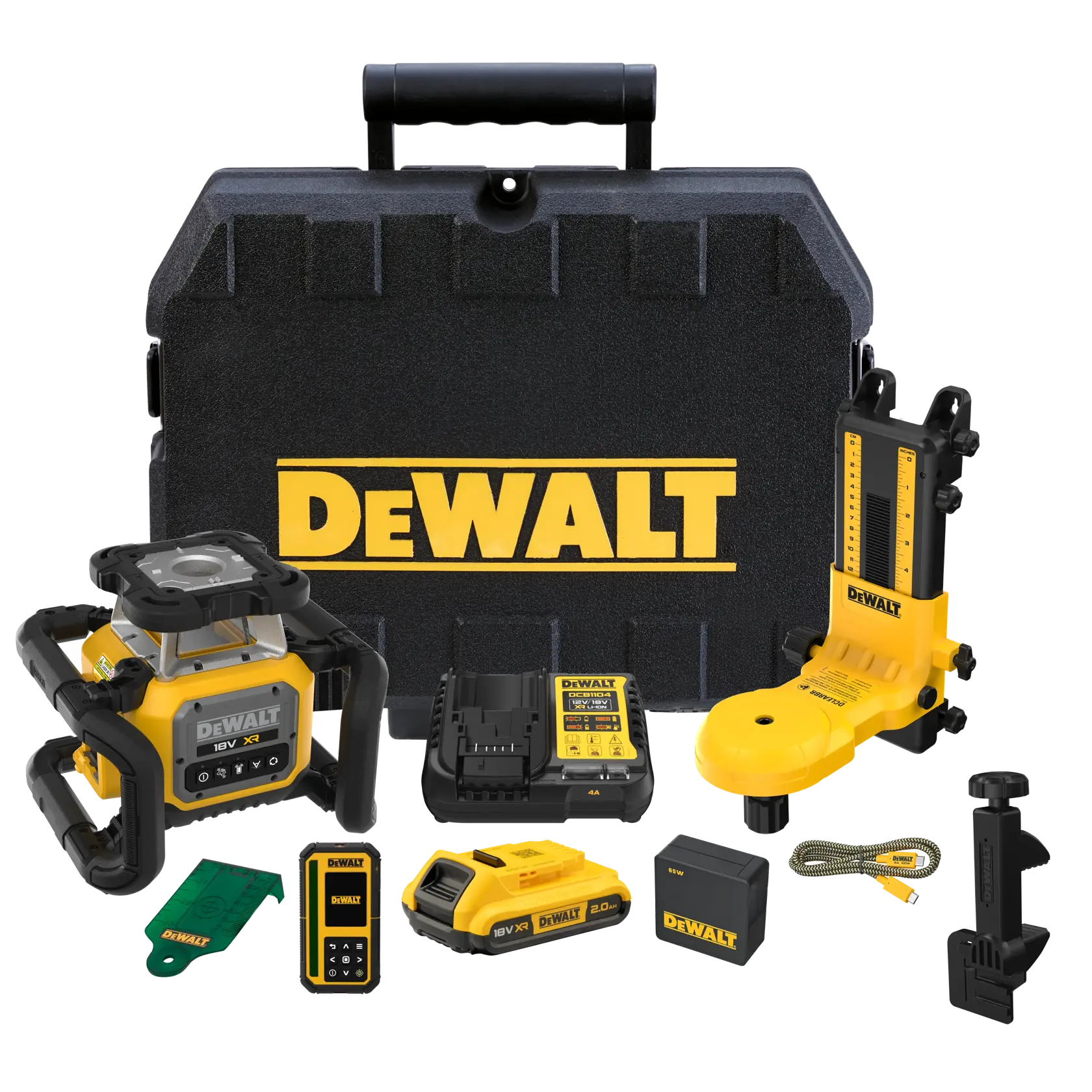 DEWALT 18V Rotationslaser-Set mit Laser, Ladegerät, Akku, Zubehör, Messwerkzeugen und Koffer.