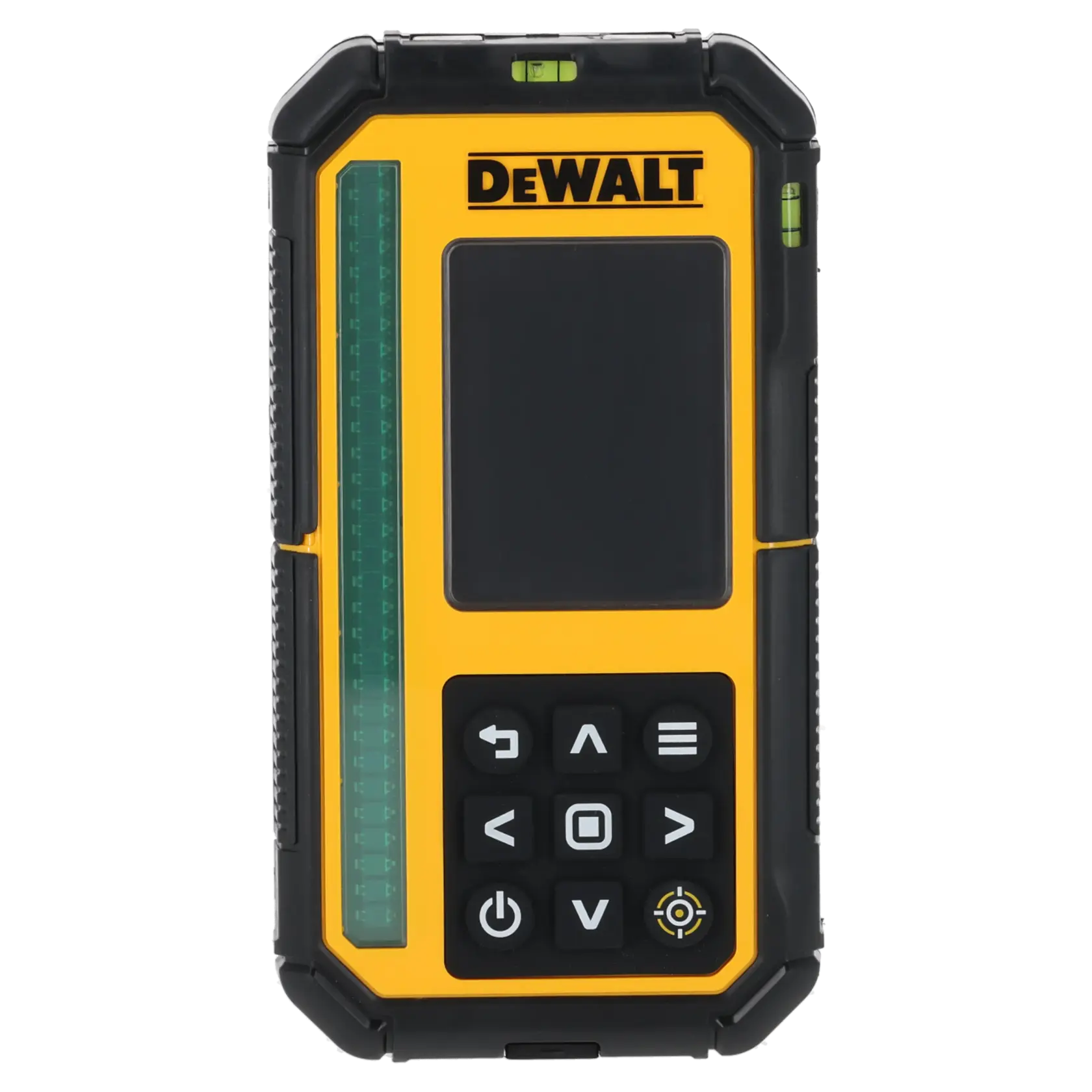DEWALT digitaler Laserempfänger mit Display und Tasten, robustes gelb-schwarzes Design.