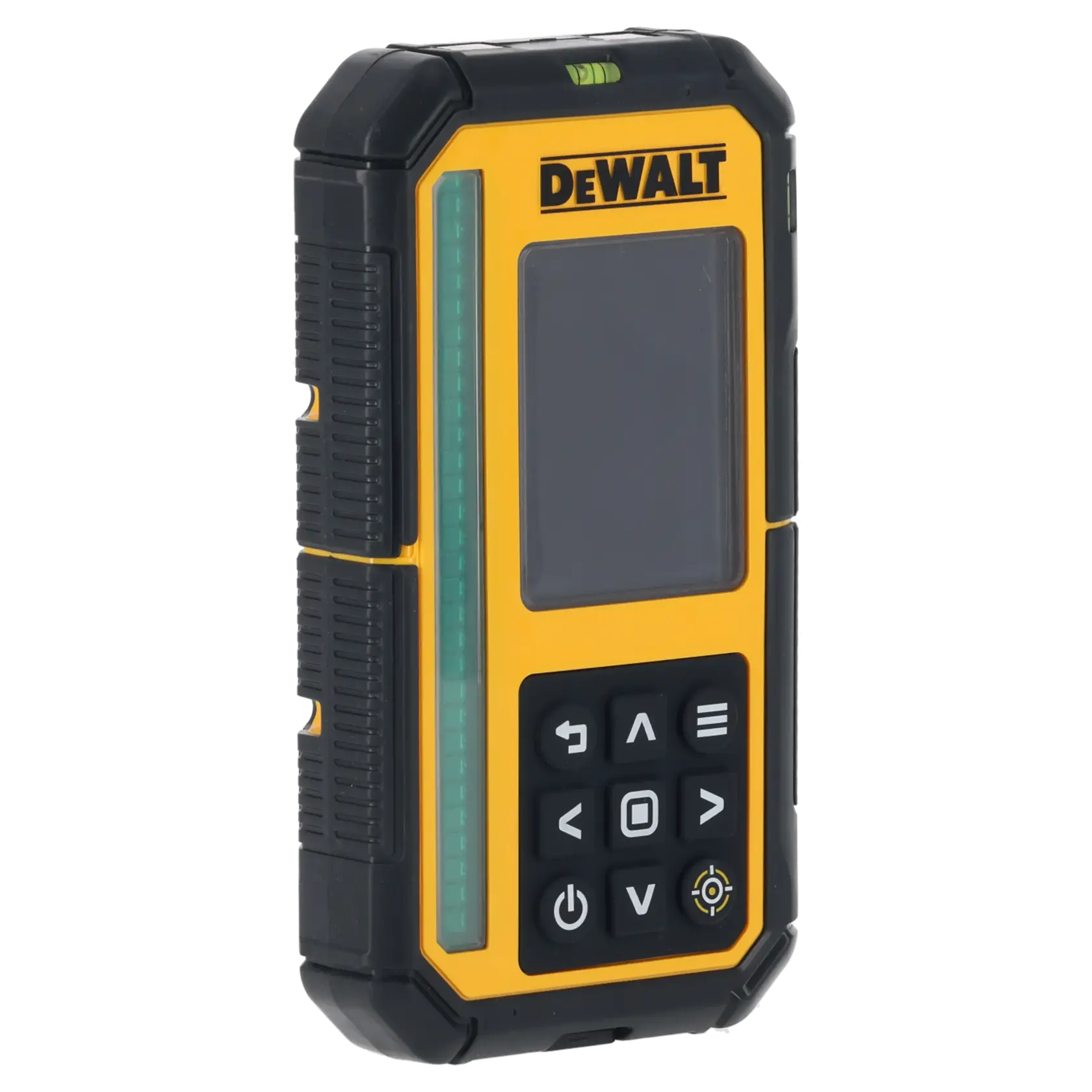 Handheld DEWALT Laser-Detektor mit Bildschirm und Tasten, robustes schwarz-gelbes Gehäuse.