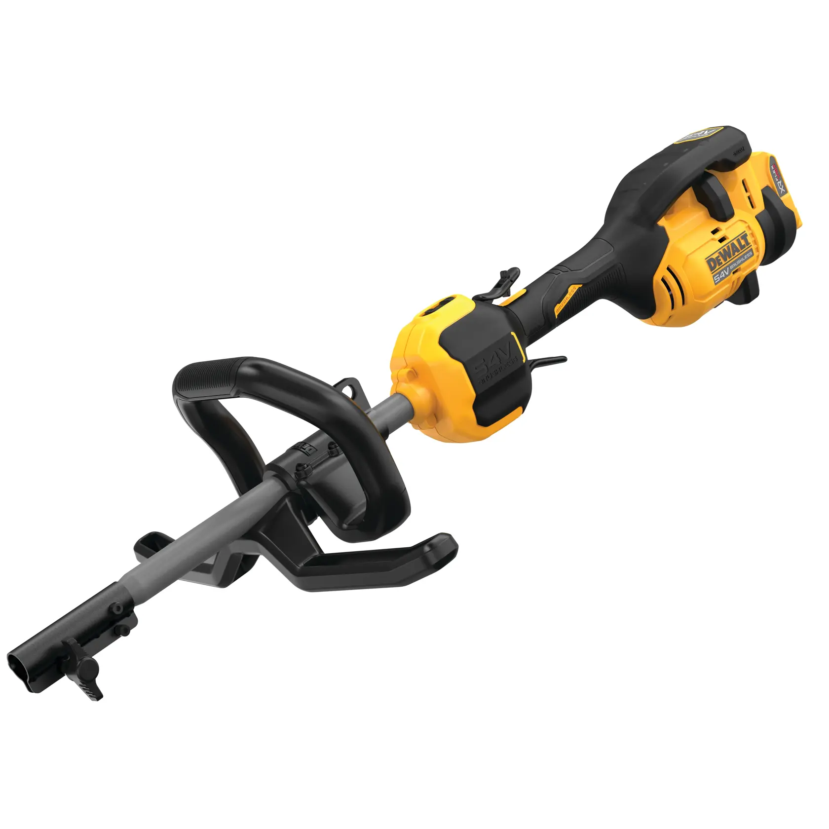Ein kabelloses DEWALT Elektrowerkzeug mit gelbem und schwarzem Design, mit Griff und Zubehöranschluss, vor weißem Hintergrund gezeigt.