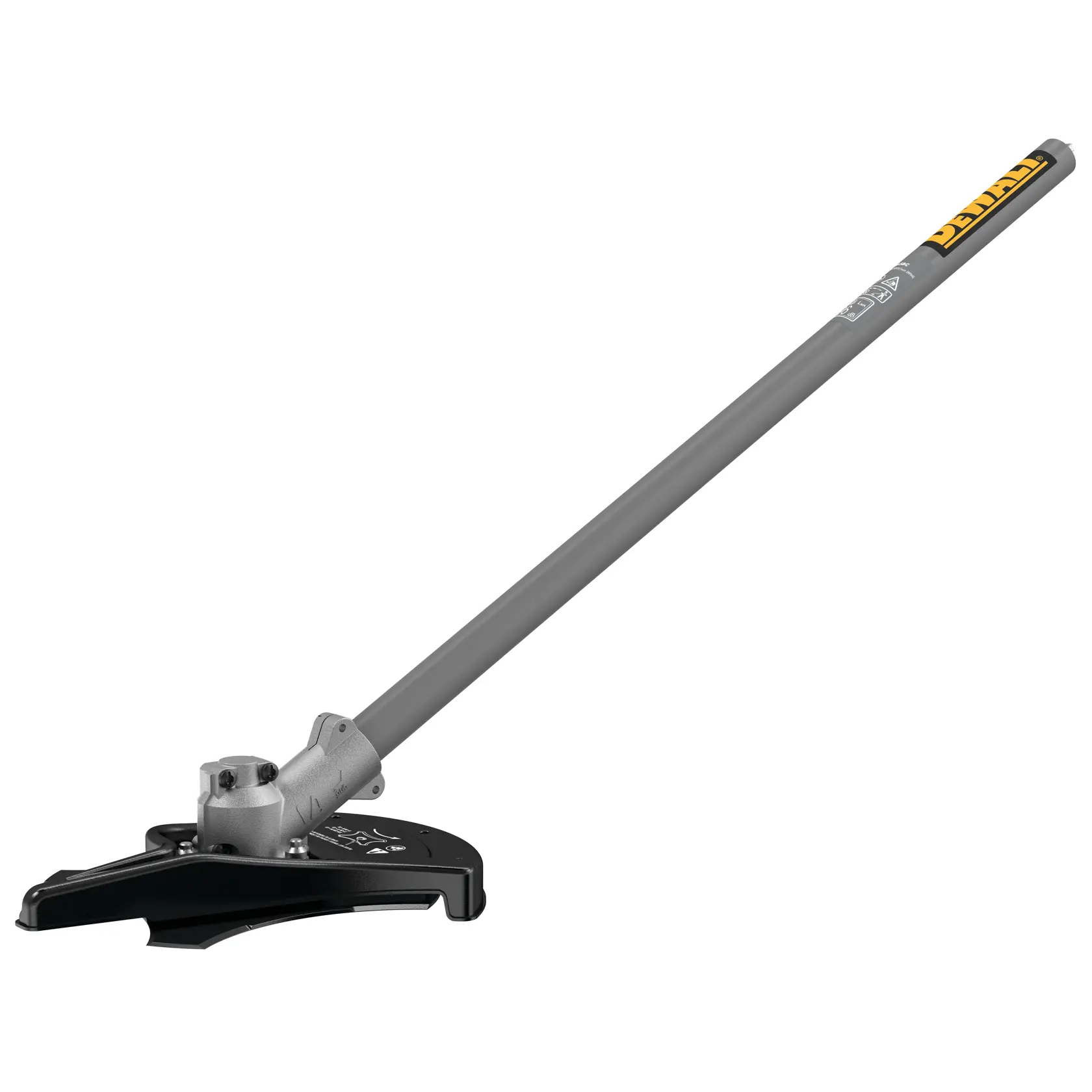 Ein DEWALT Rasentrimmer-Aufsatz mit einem langen grauen Schaft und einem schwarzen Schutz, geeignet für Landschafts- und Gartenpflege.
