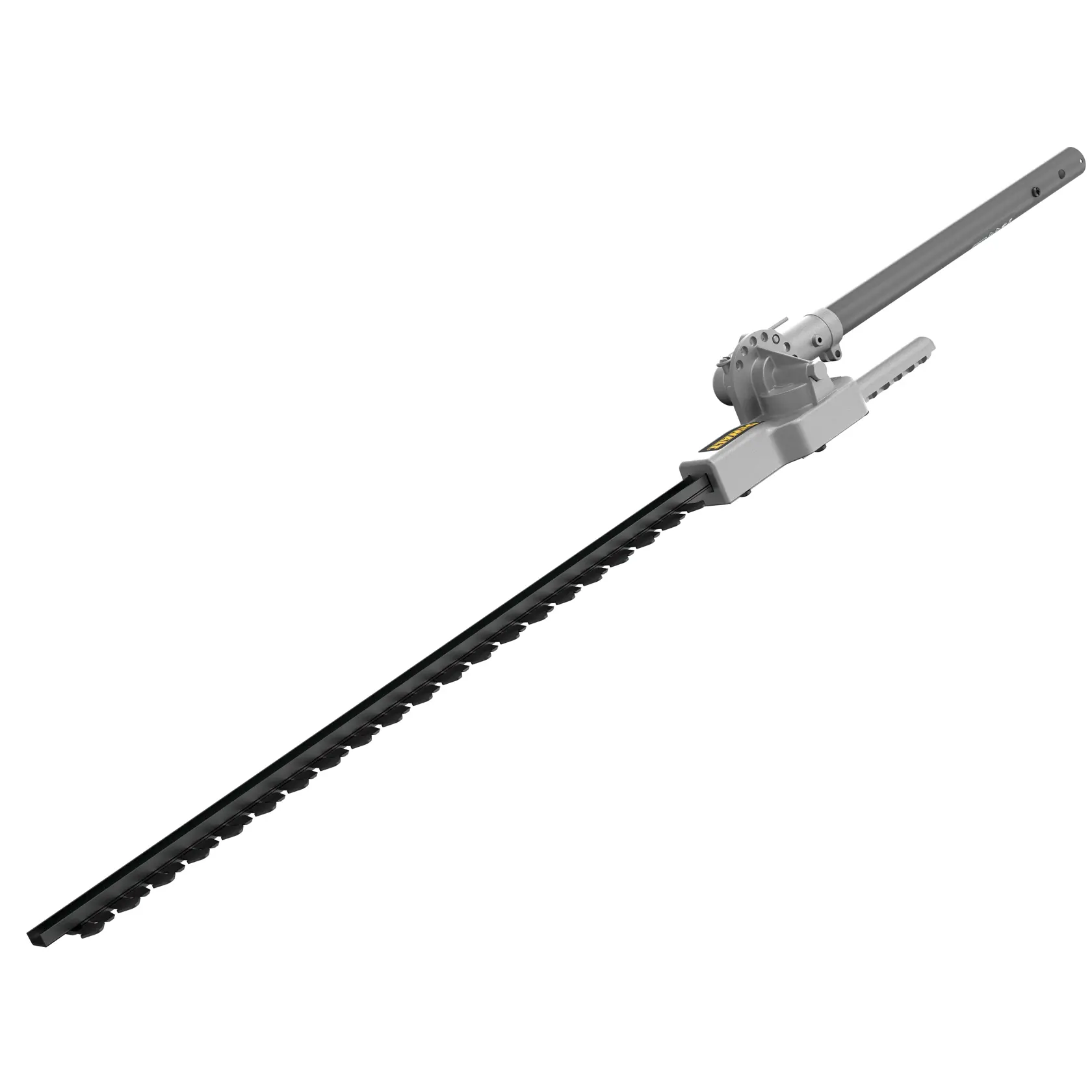 Ein DEWALT Heckenscheren-Aufsatz mit langem schwarzem Messer und silbernem Gehäuse, entwickelt für die Verwendung mit einem kompatiblen Elektrowerkzeug.