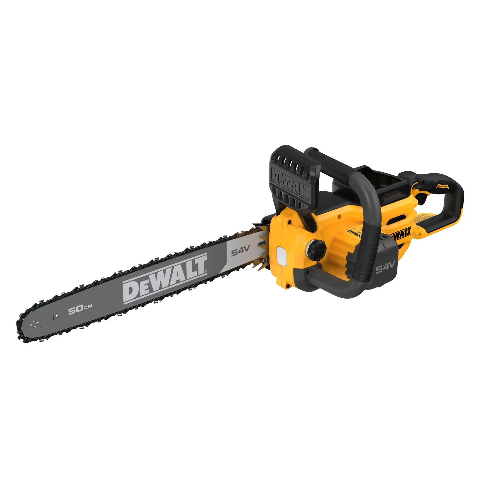 DEWALT 54V Akku-Kettensäge mit 50cm Schwert vor weißem Hintergrund.