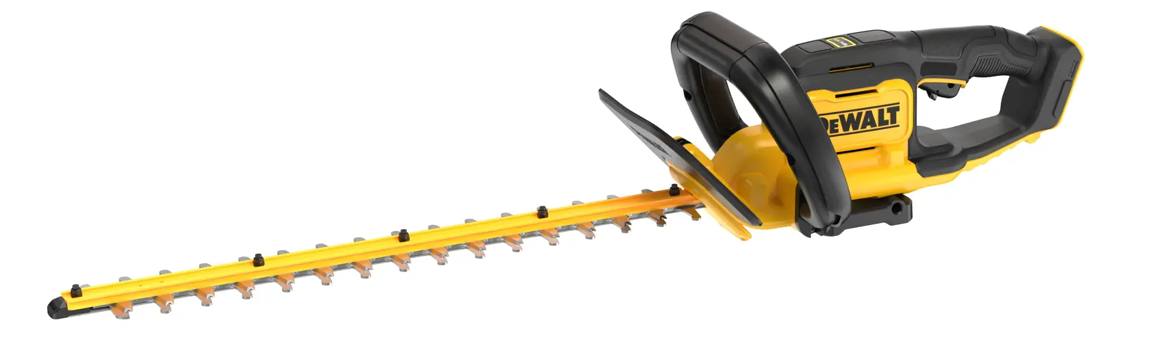DEWALT kabellose Heckenschere in Gelb-Schwarz mit langem Blatt und ergonomischem Griff auf weißem Hintergrund.