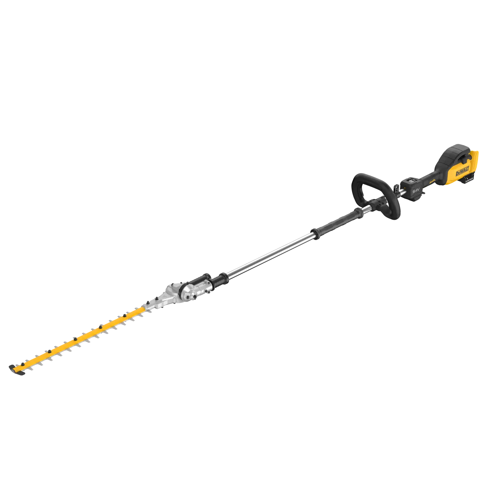 Un taille-haie sur perche sans fil DEWALT avec une longue portée, de couleur jaune et noire, conçu pour tailler les haies et