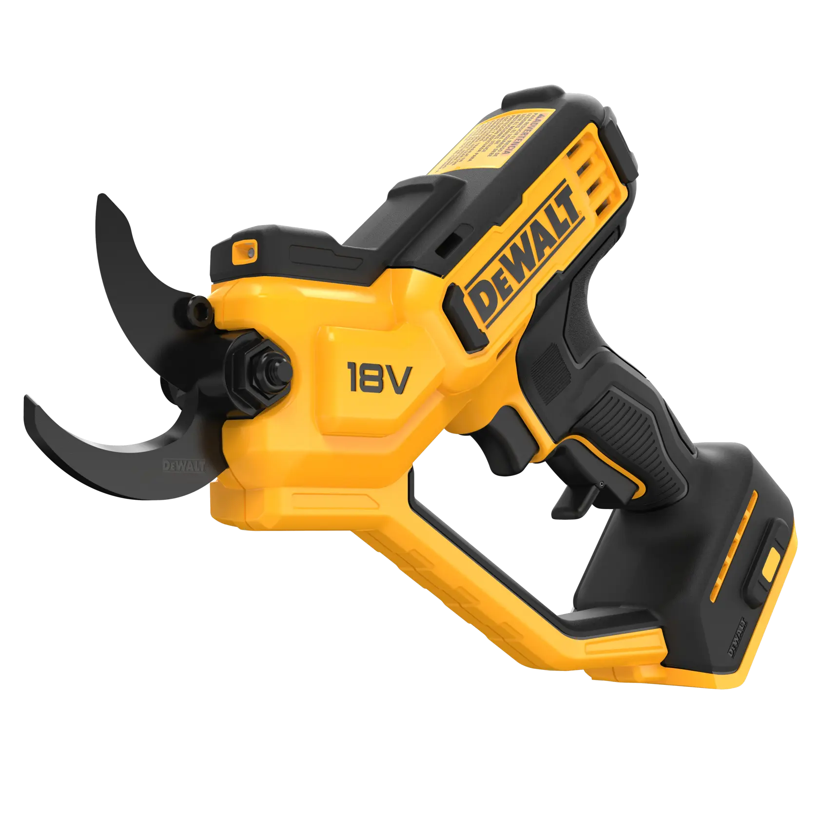 DEWALT 18V Akku-Gartenschere mit ergonomischem schwarz-gelbem Griff und scharfen Klingen.
