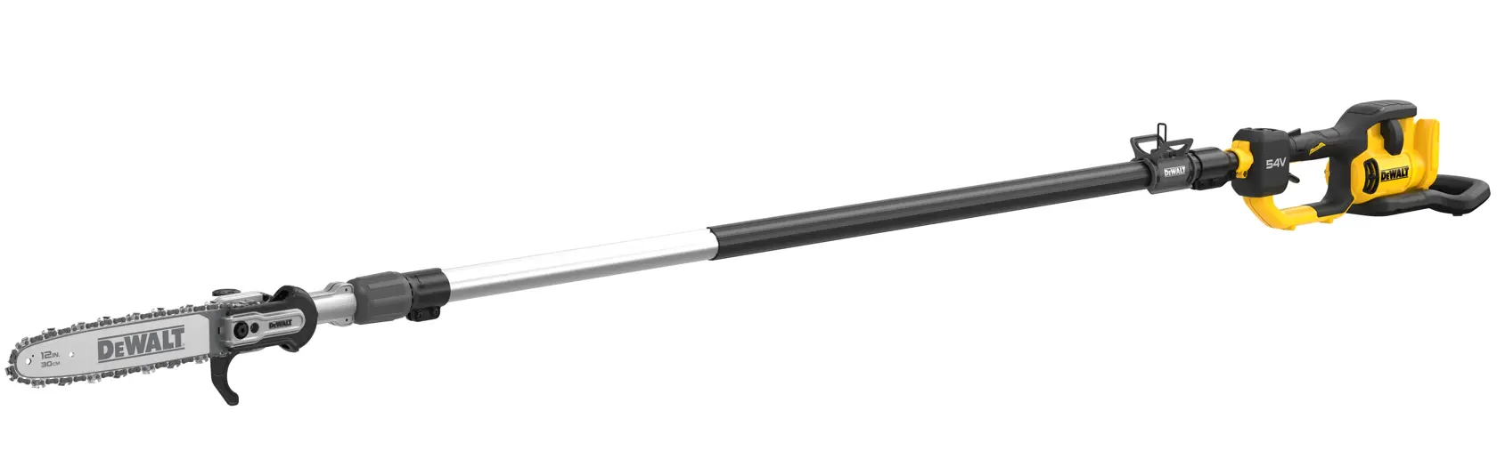 DEWALT Akku-Teleskopsäge mit langem Stab und Kettenblatt zum Schneiden von Ästen.