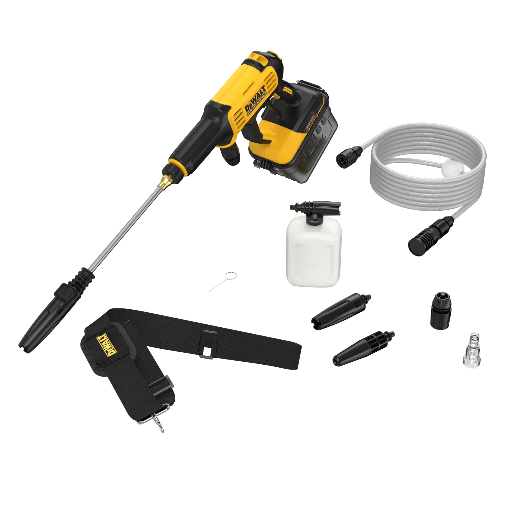 DEWALT DCMPW1000N, DCMPW1000N-XJ Set: tragbare Waschmaschine mit Schlauch, Düsen, Gurt und Flasche.