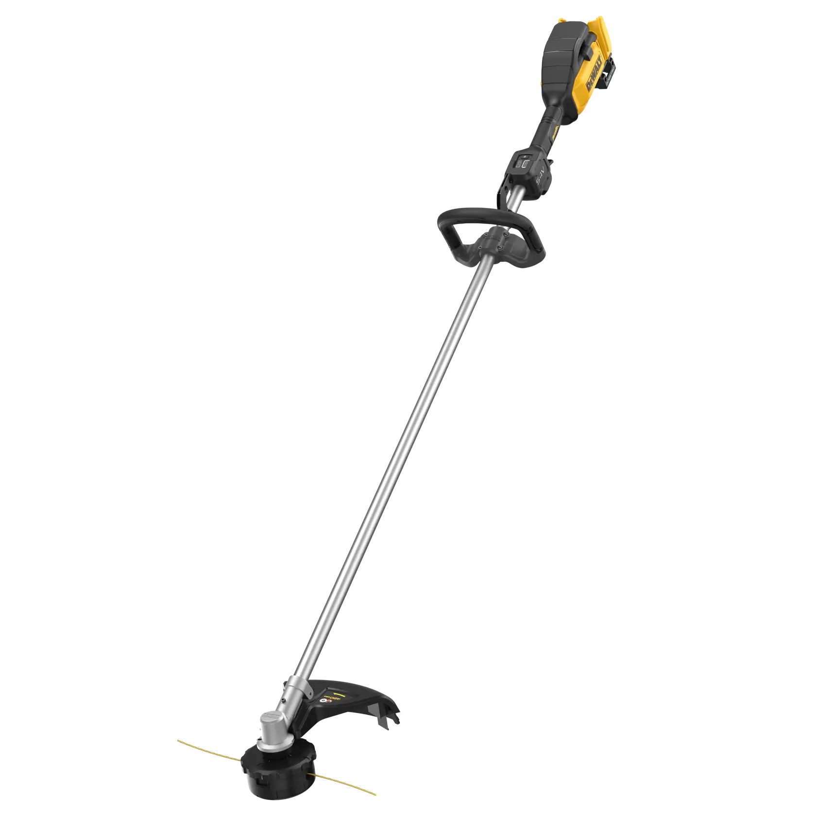 DEWALT kabelloser Rasentrimmer mit gelbem Motor, schwarzem Griff und silbernem Schaft auf Weiß.