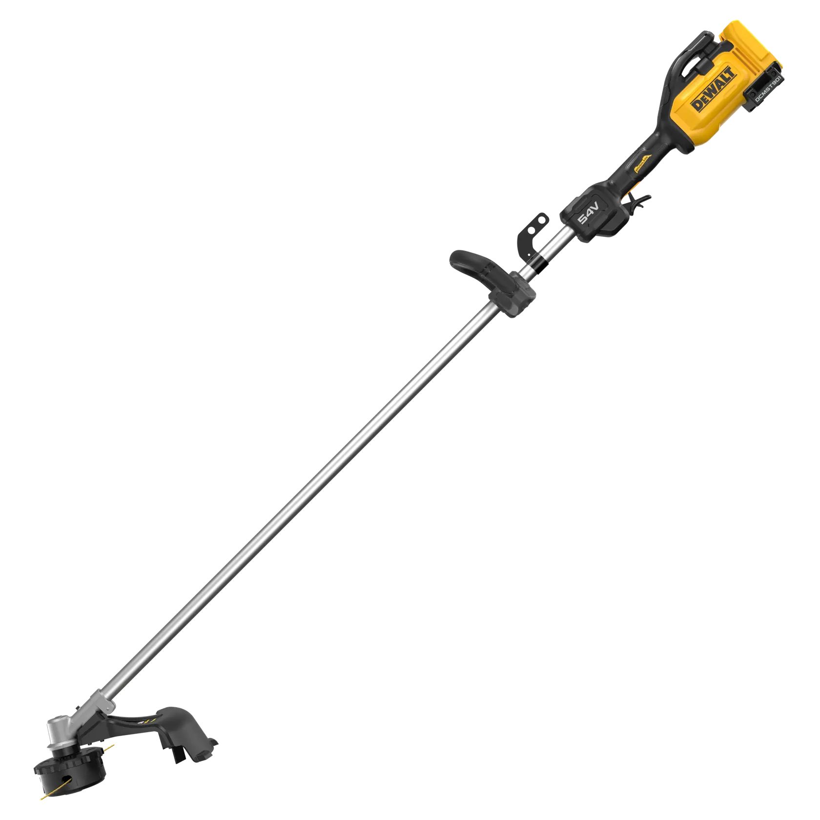 DEWALT Akku-Fadentrimmer mit gelb-schwarzem Griff und silbernem Schaft für Gartenpflege.
