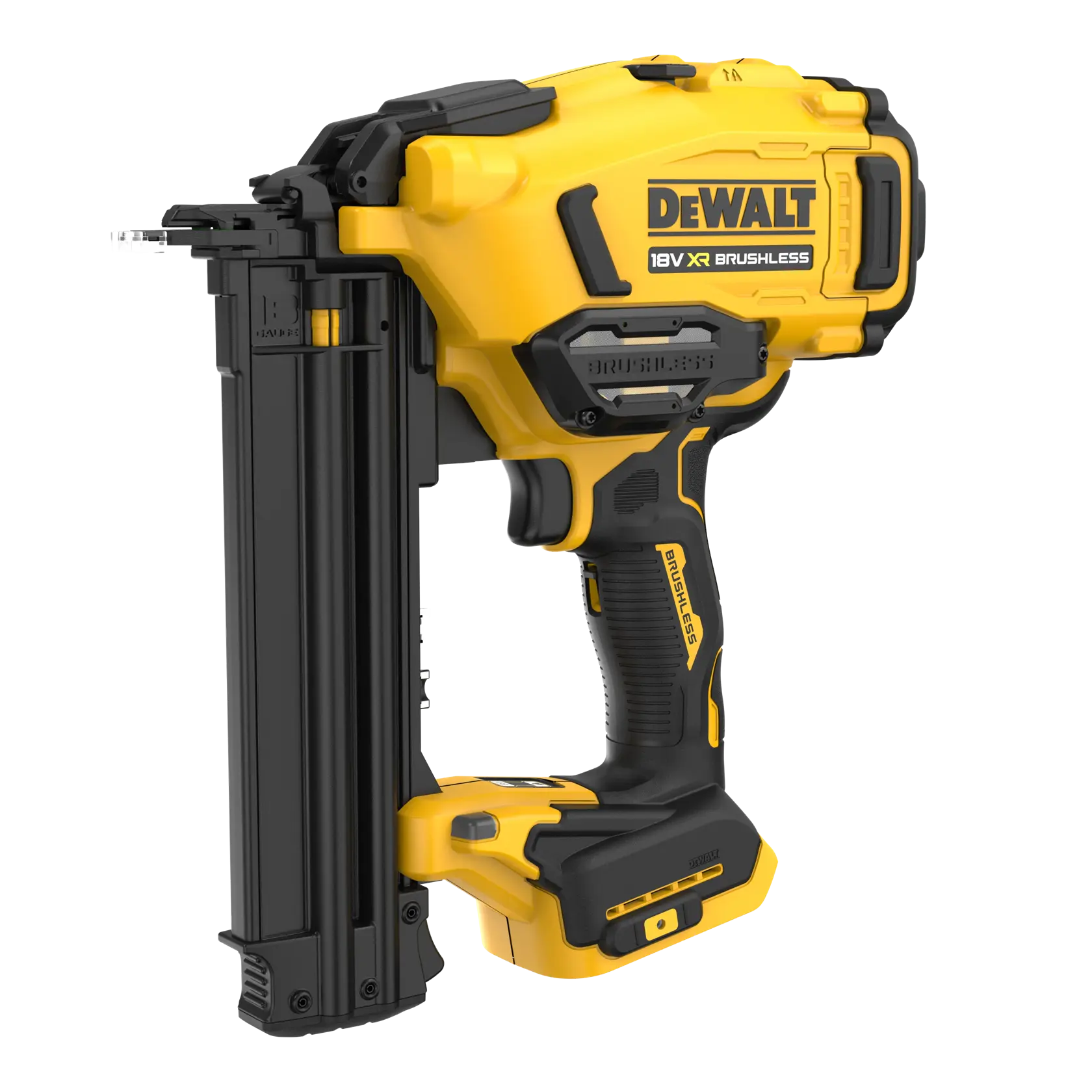 DEWALT 18V XR Brushless Nagelpistole gelb-schwarz, Seitenansicht, Akku-Werkzeug.