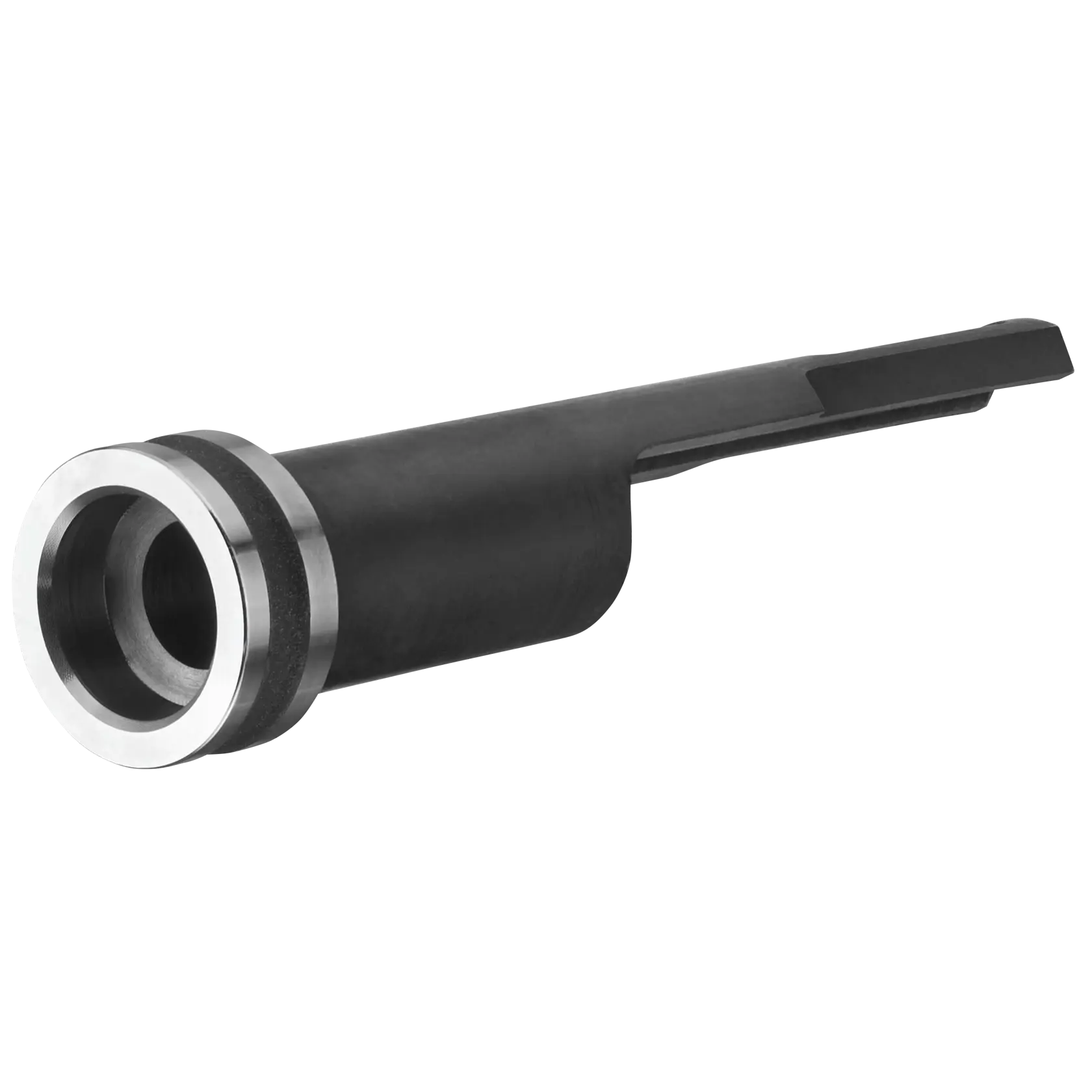 Ein DEWALT-Metallwerkzeugaufsatz, speziell das Modell DCN8903, entworfen als Magazinnasenstück für Befestigungswerkzeuge. Der Aufsatz ist schwarz mit einem silbernen Ring an einem Ende und wird in Bauanwendungen verwendet.