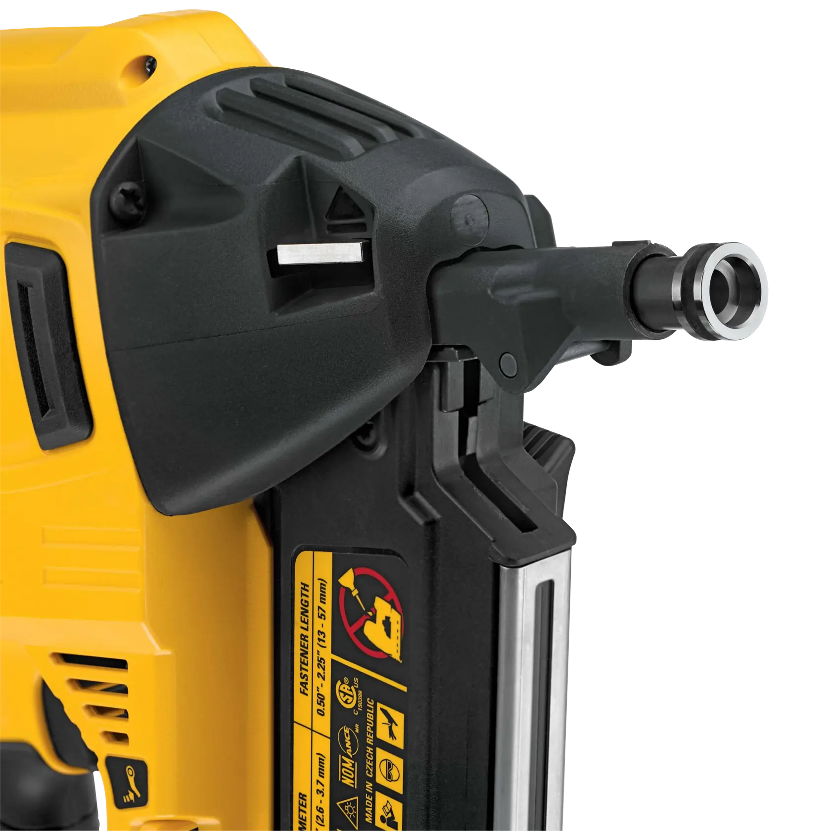Ein DEWALT-Metallwerkzeugaufsatz, speziell das Modell DCN8903, entworfen als Magazinnasenstück für Befestigungswerkzeuge. Der Aufsatz ist schwarz mit einem silbernen Ring an einem Ende und wird in Bauanwendungen verwendet.