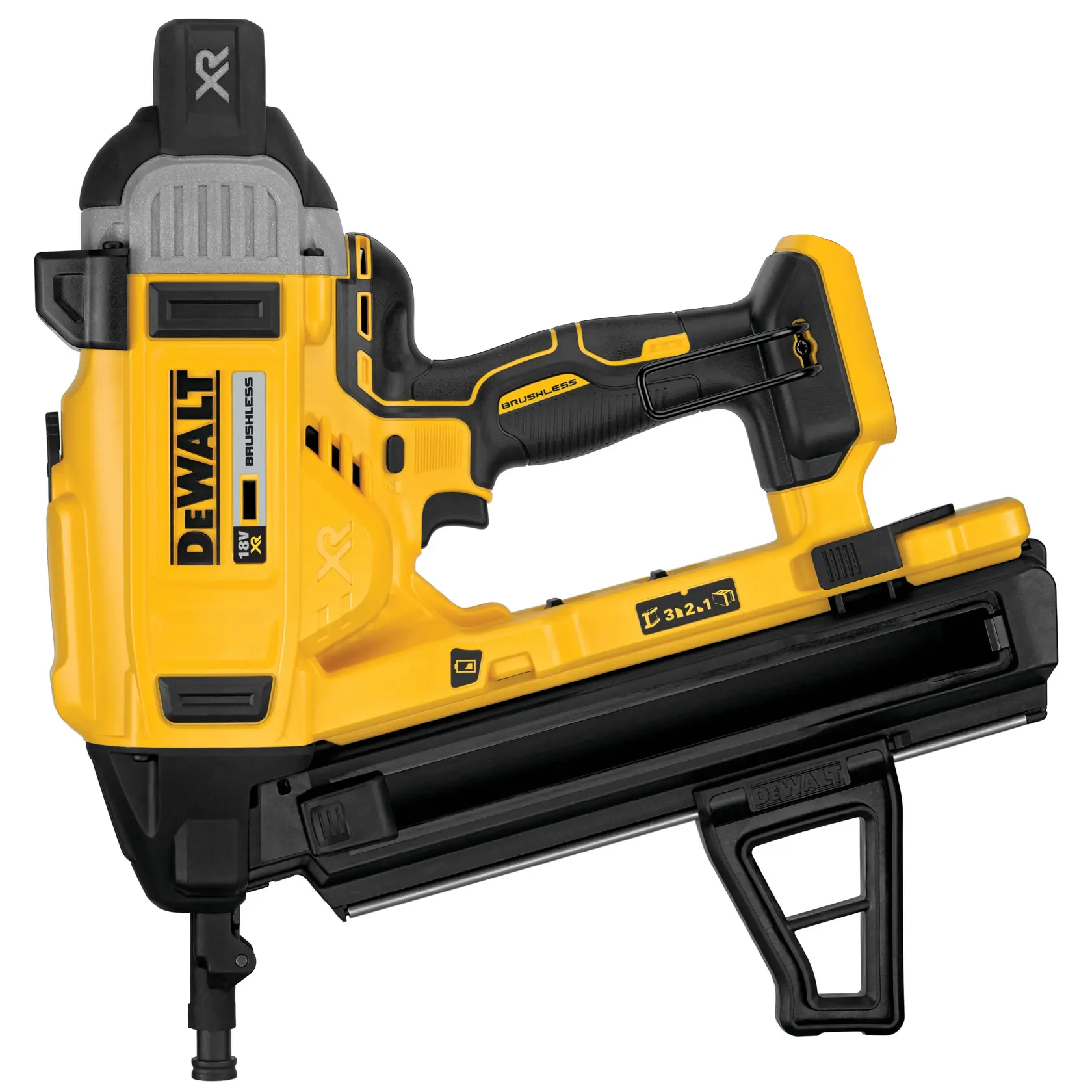 DEWALT DCN890N 18V gelb-schwarzer kabelloser Nagler für Beton und Mauerwerk.
