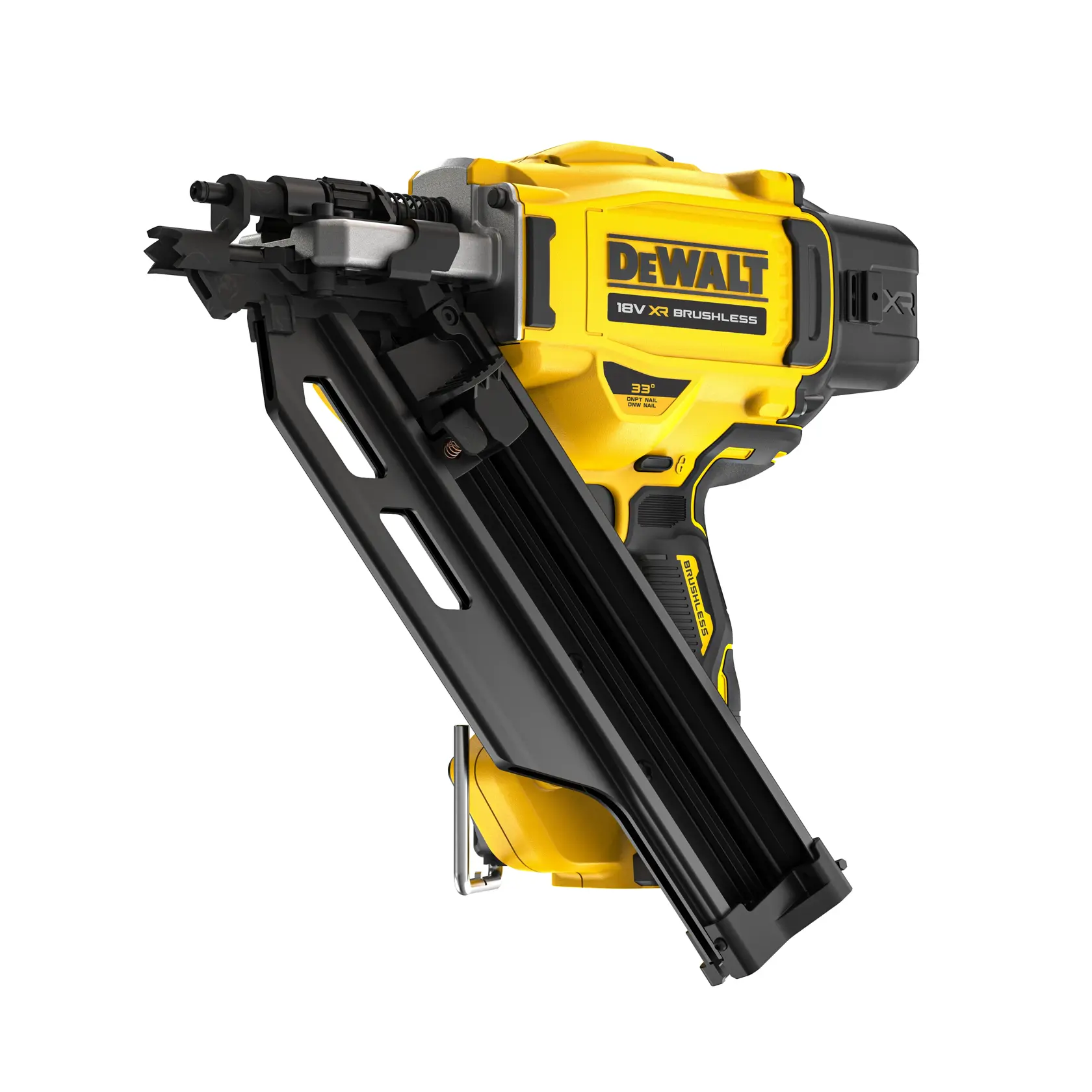 DEWALT 18V XR bürstenloser, kabelloser Nagler in Gelb-Schwarz mit sichtbarem, schrägem Magazin.