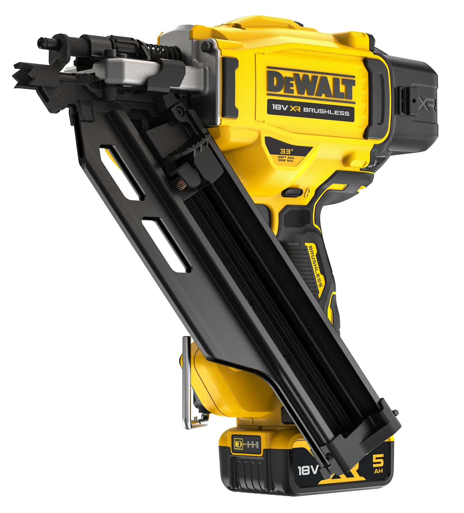 DEWALT 18V XR kabelloser Nagler mit schwarzem Magazin und gelbem Gehäuse, Seitenansicht.