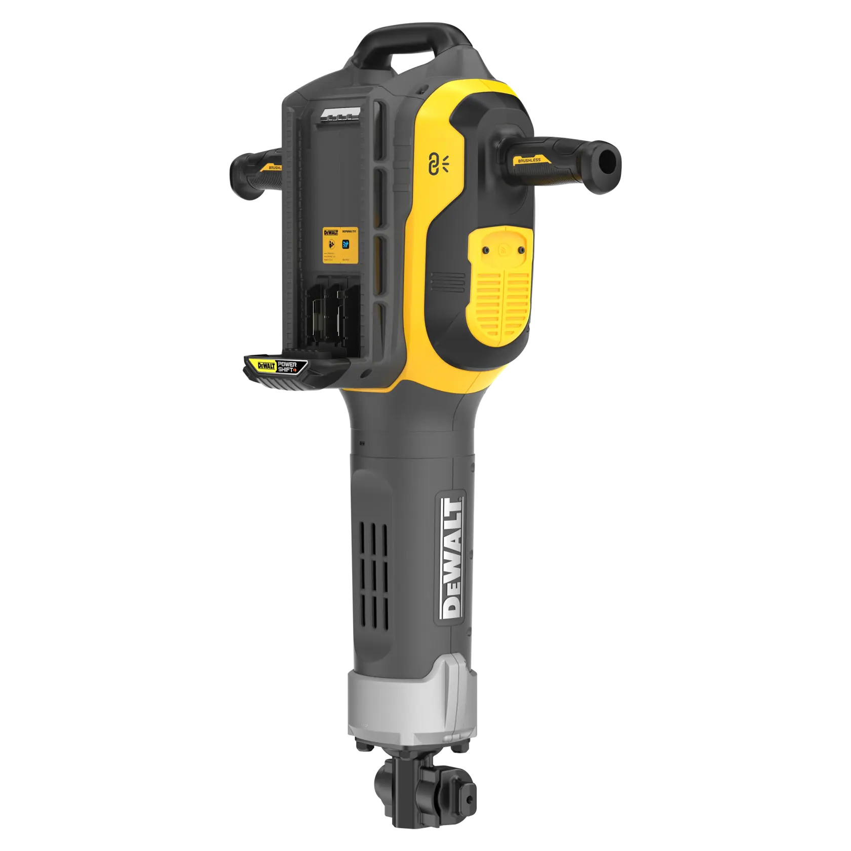 Ein kabelloser DEWALT-Abbruchhammer, Modell DCPS966N, mit gelb-schwarzem Design, markanten Griffen und einem Batteriefach, verwendet für schwere Abbrucharbeiten.