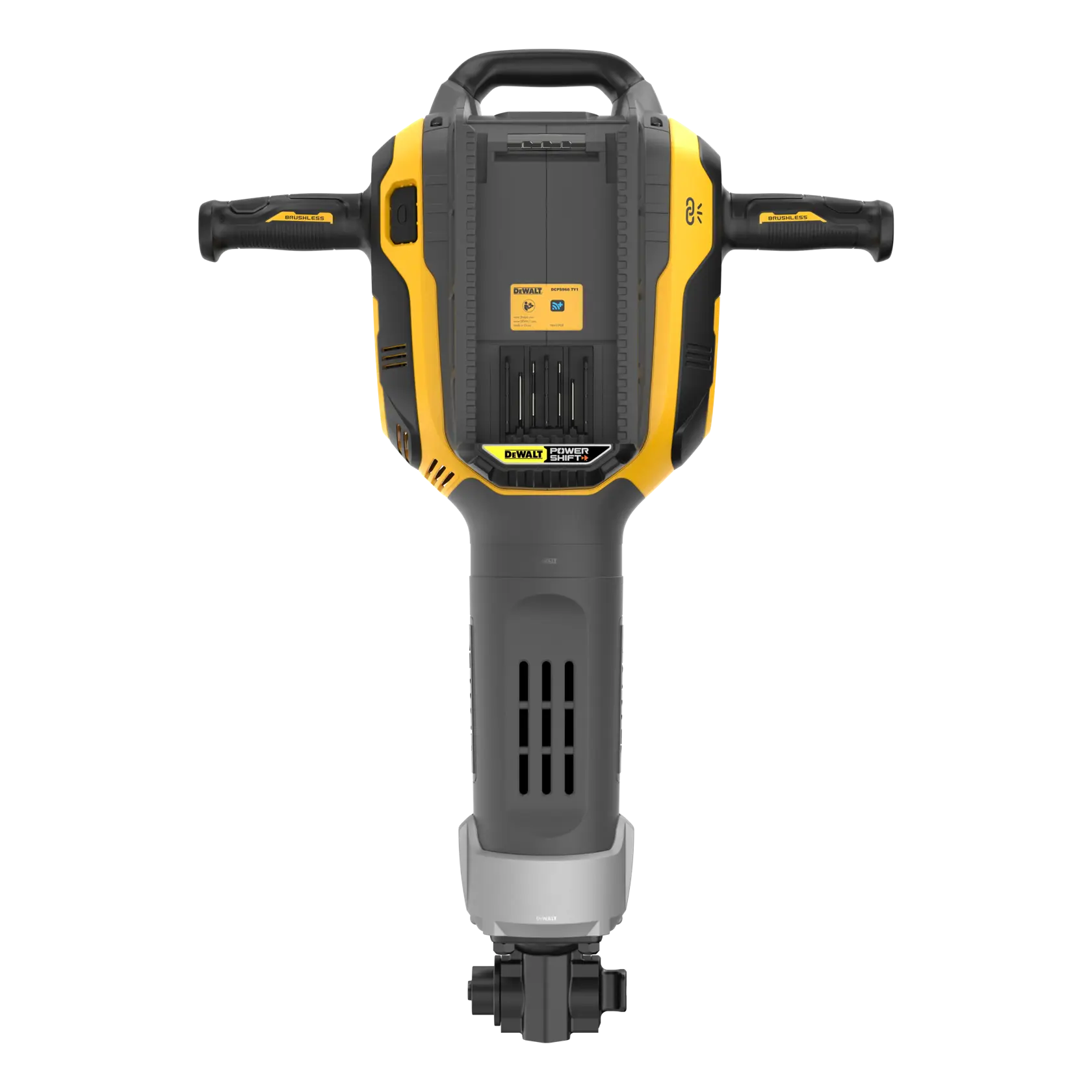 Vorderansicht eines elektrischen DEWALT-Abbruchhammers mit gelbem und schwarzem Gehäuse, zwei seitlichen Griffen und sichtbarem Bedienfeld.