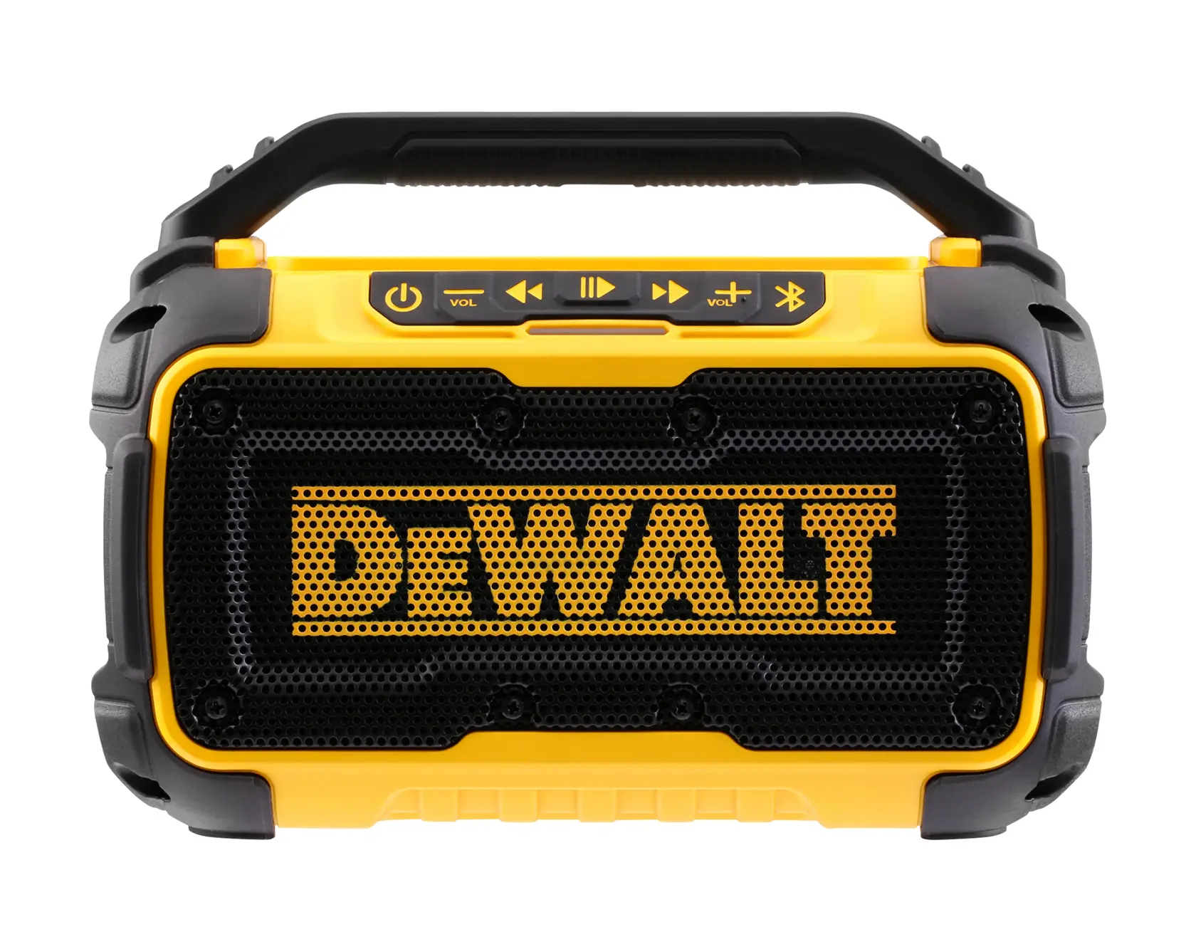 Frontansicht eines tragbaren DEWALT DCR011 Bluetooth-Lautsprechers in Gelb mit Steuerungstasten oben.