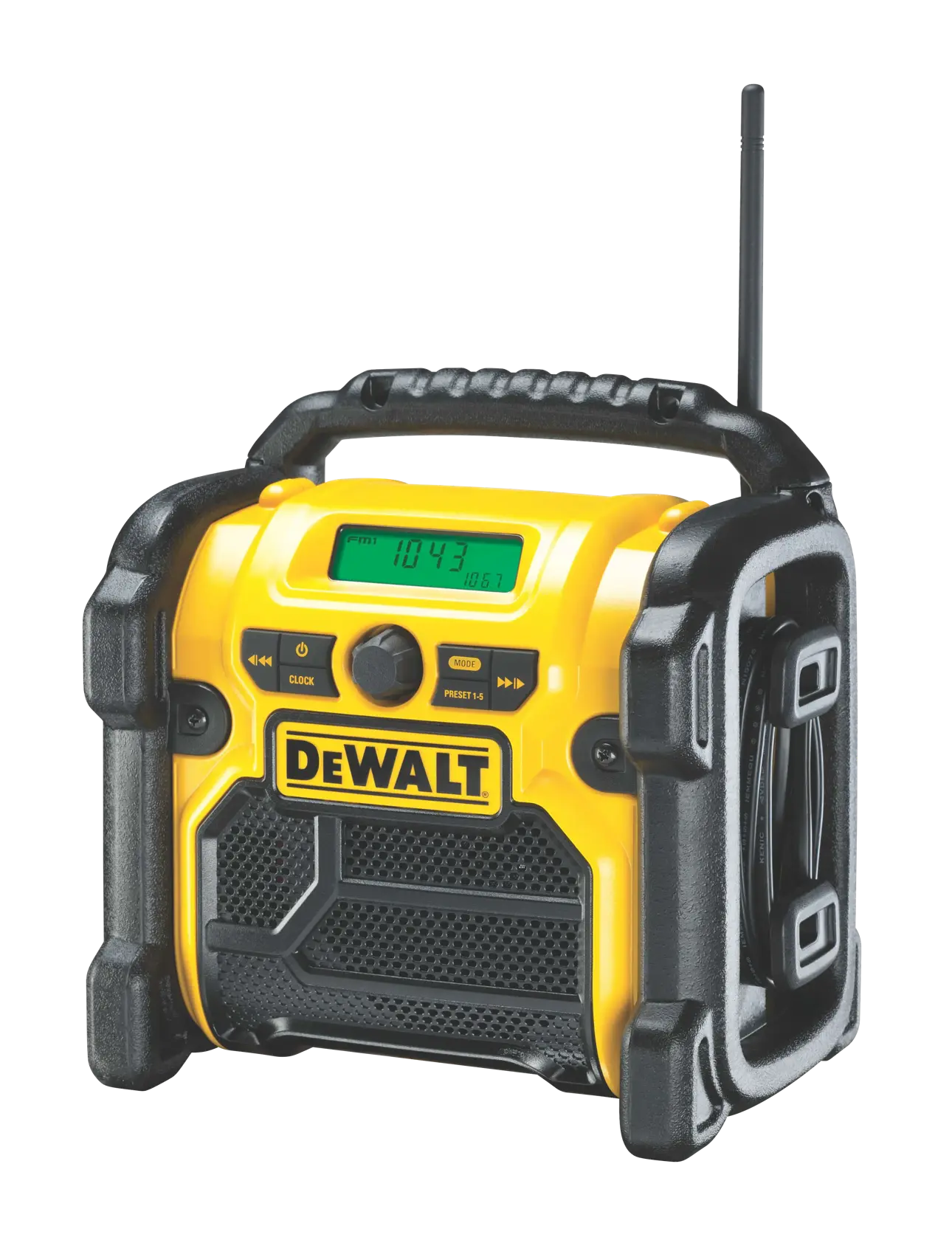 Ein tragbares DEWALT Baustellenradio mit einem robusten gelb-schwarzen Design, digitalem Display, Steuertasten, Griff oben und Antenne.
