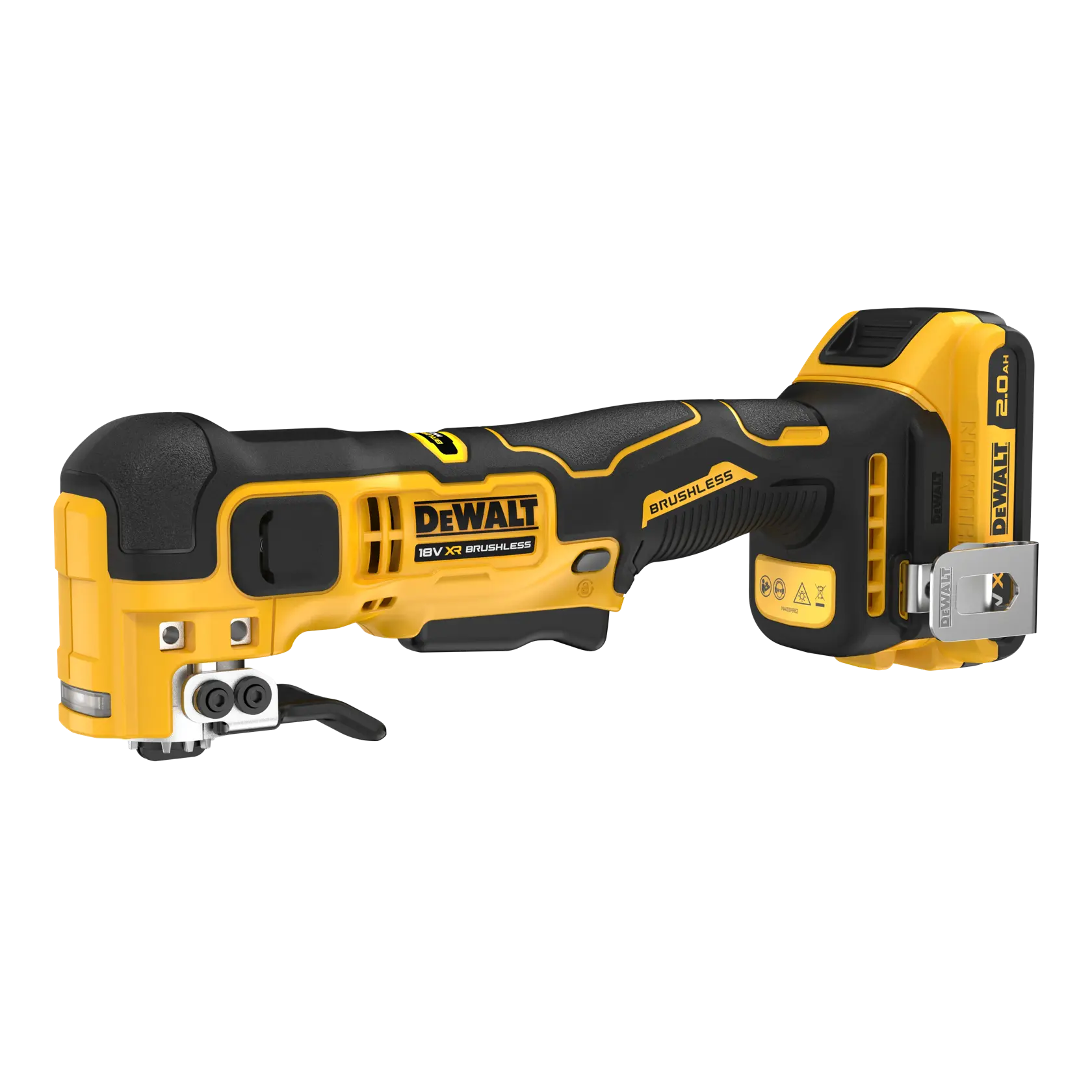 Outil oscillant sans fil DEWALT 18V, moteur brushless et batterie, présenté en jaune et noir.