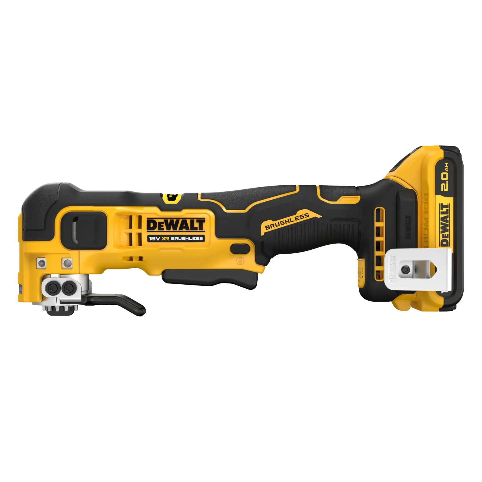 Outil oscillant DEWALT 18V brushless sans fil avec batterie, vue latérale sur fond blanc.
