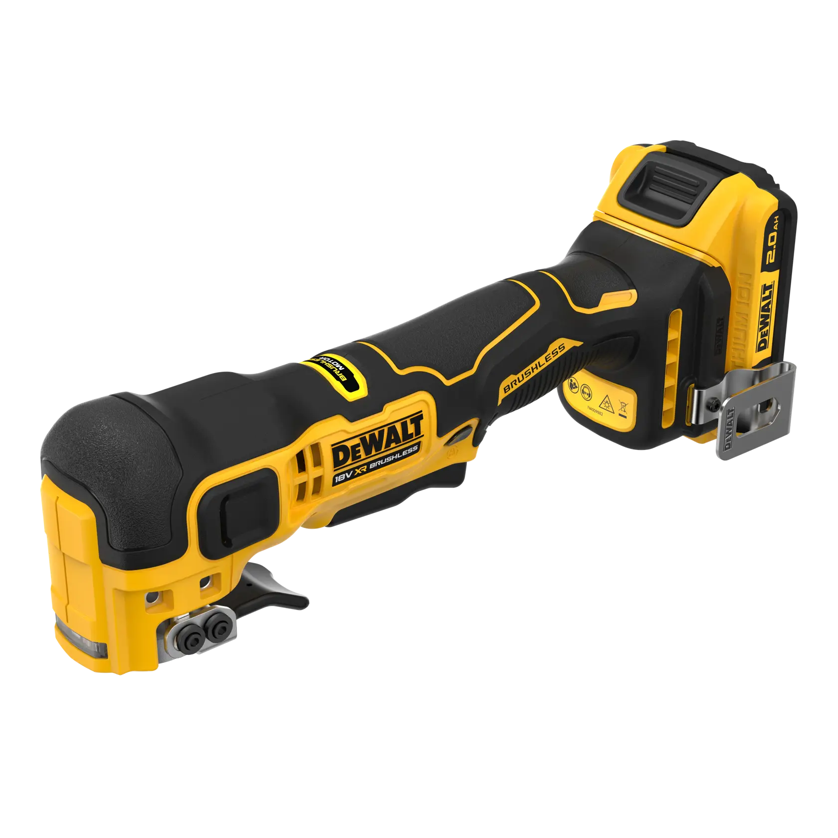 Outil multifonction oscillant DEWALT sans fil, moteur brushless, batterie 18V, en jaune et noir.