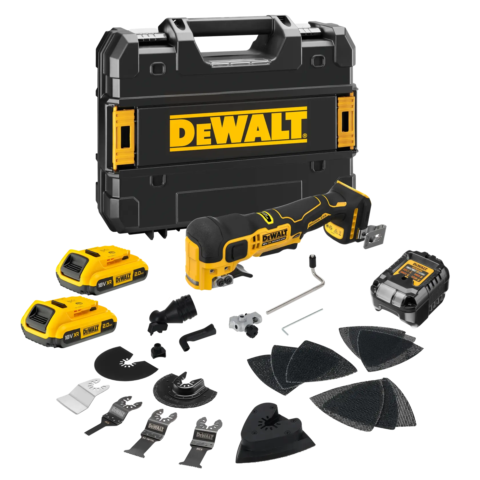 DEWALT Akku-Multitool-Set mit Koffer, Akkus, Ladegerät, Sägeblättern, Schleifpads und Zubehör.