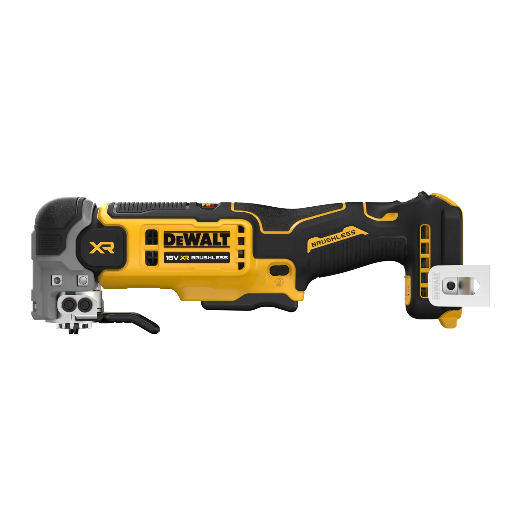 DEWALT 18V XR Brushless kabelloses Elektrowerkzeug in Gelb-Schwarz, Seitenansicht mit Aufsatz.