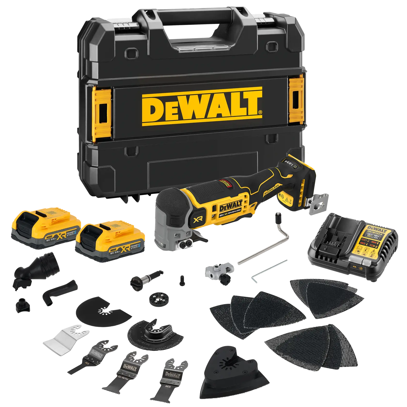 Kit multi-outils sans fil DEWALT avec accessoires, deux batteries, chargeur et mallette.