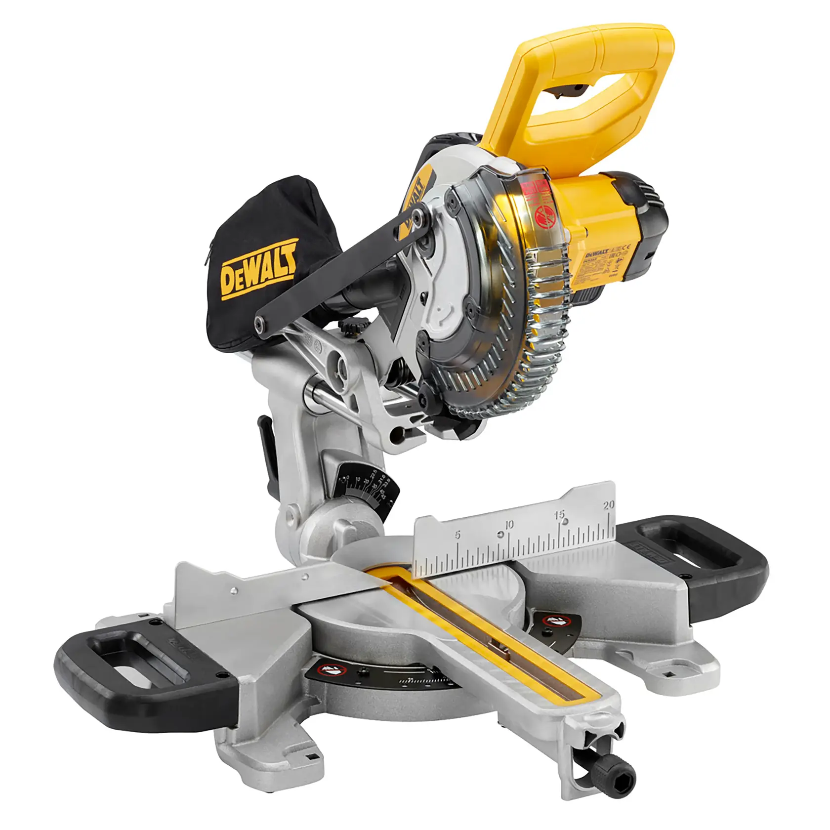 DEWALT Gehrungssäge mit gelbem Griff, Staubbeutel und verstellbarer Schneidebasis mit Maßmarkierungen.