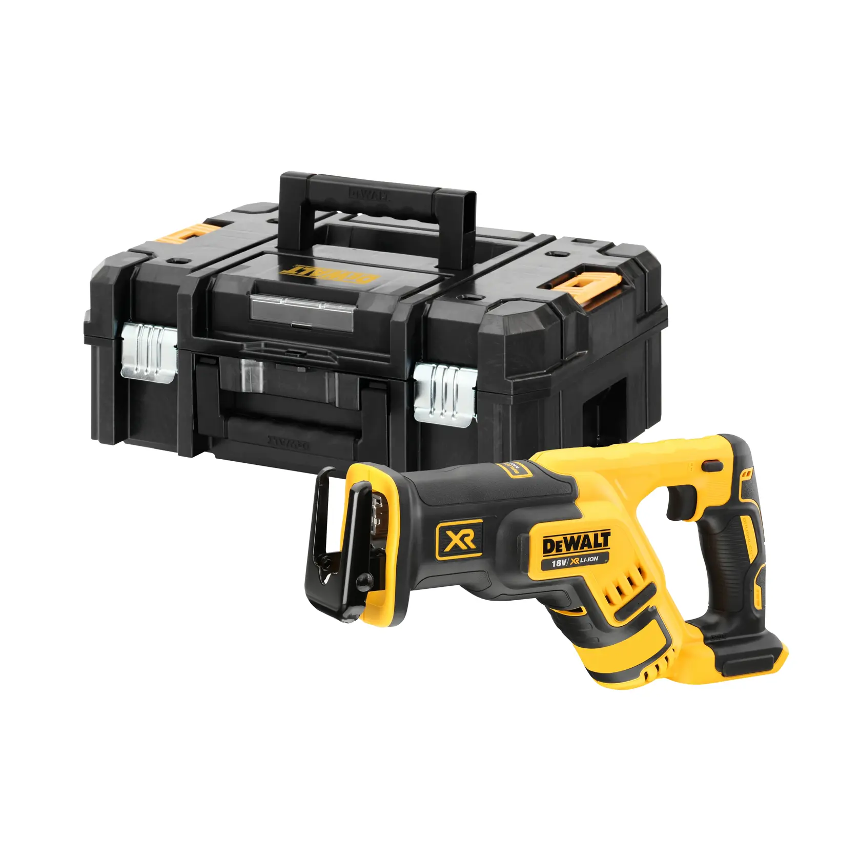 Eine DEWALT XR 18V Akku-Säbelsäge steht vor einem schwarzen und gelben DEWALT Werkzeugkoffer.
